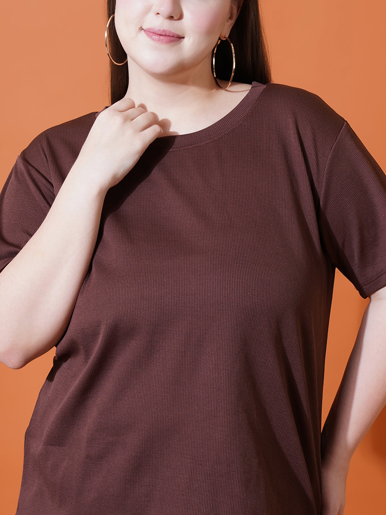 Women Plus Size Brown Solid and Round neck Night suit