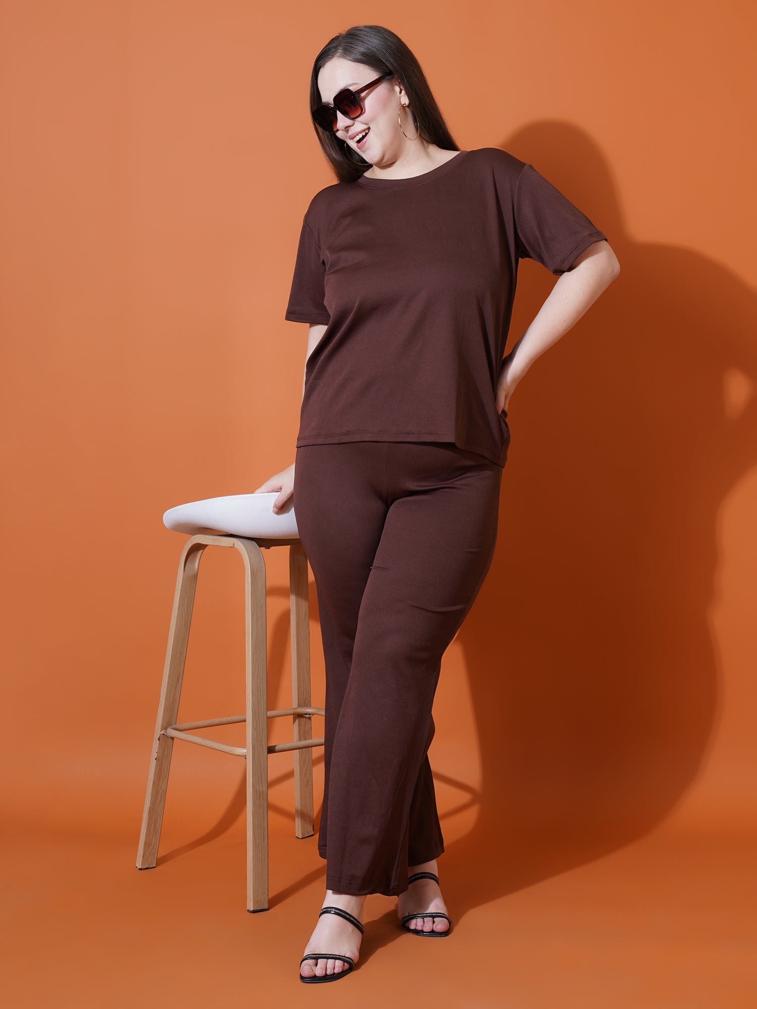 Women Plus Size Brown Solid and Round neck Night suit