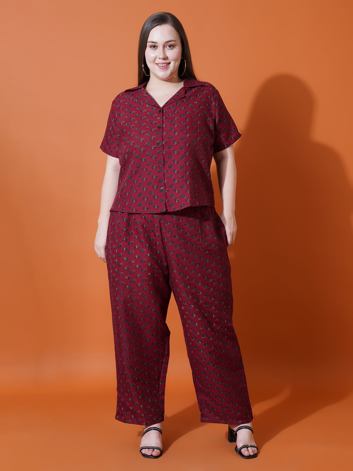 Women Plus Size Maroon Abstract Printed Spread collar Night suit