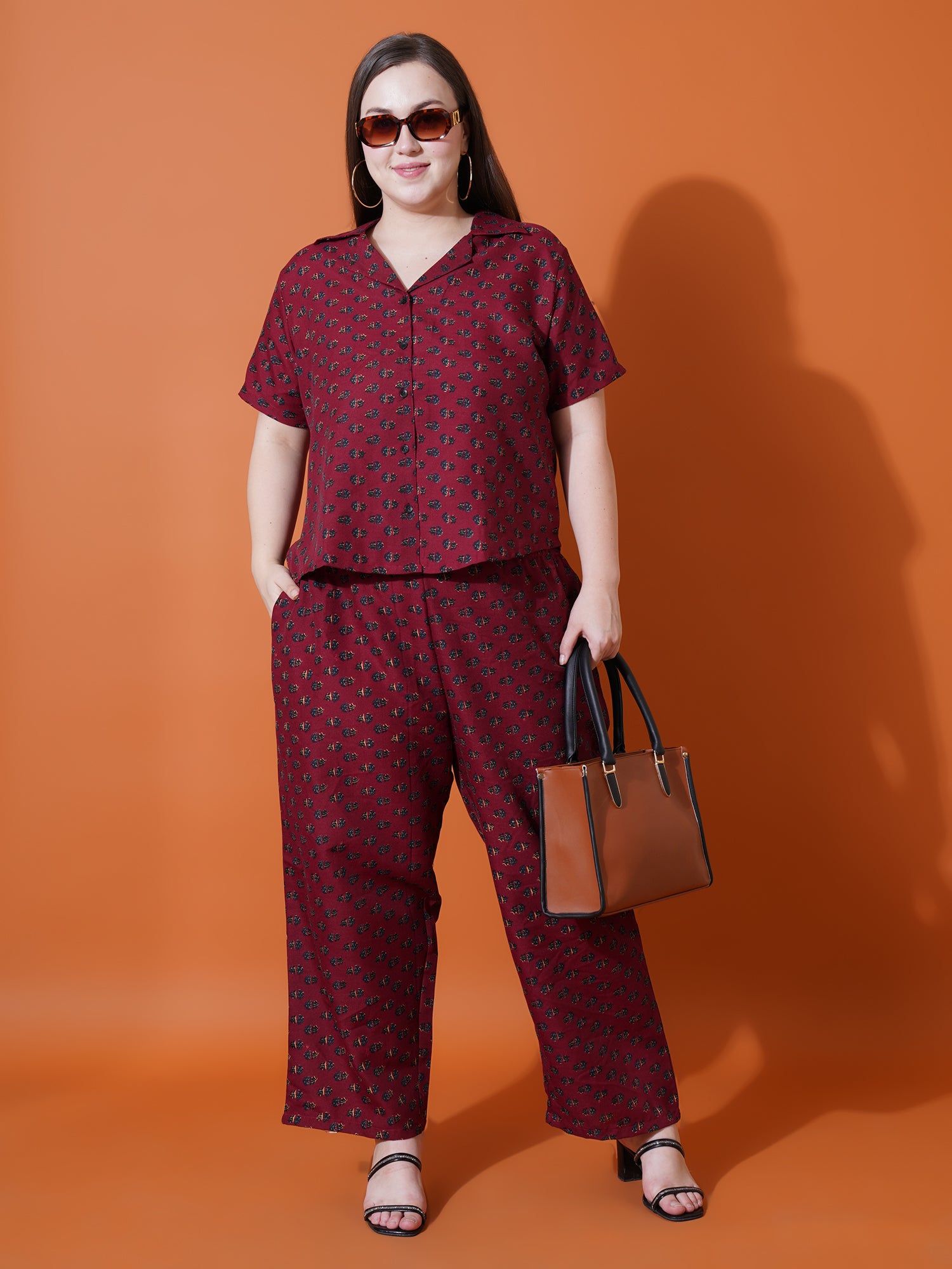 Women Plus Size Maroon Abstract Printed Spread collar Night suit