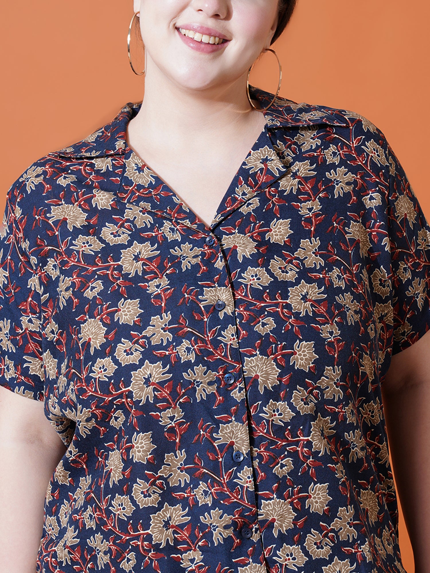 Women Plus Size Navy Blue Floral Printed Spread collar Night suit
