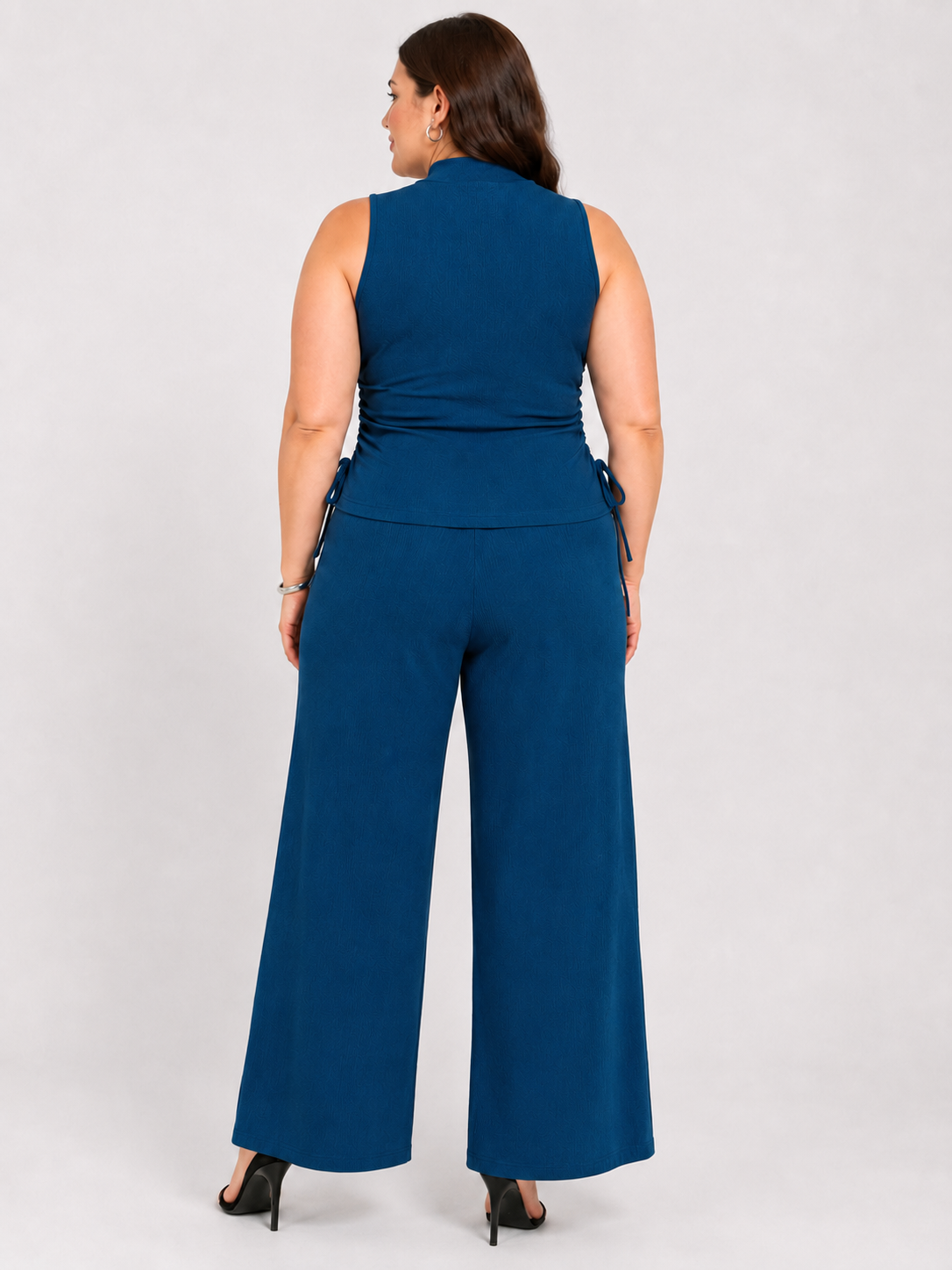 U&F Beyond Blue Solid Plus Size Top & Wide-Leg Trouser Co-Ord Set