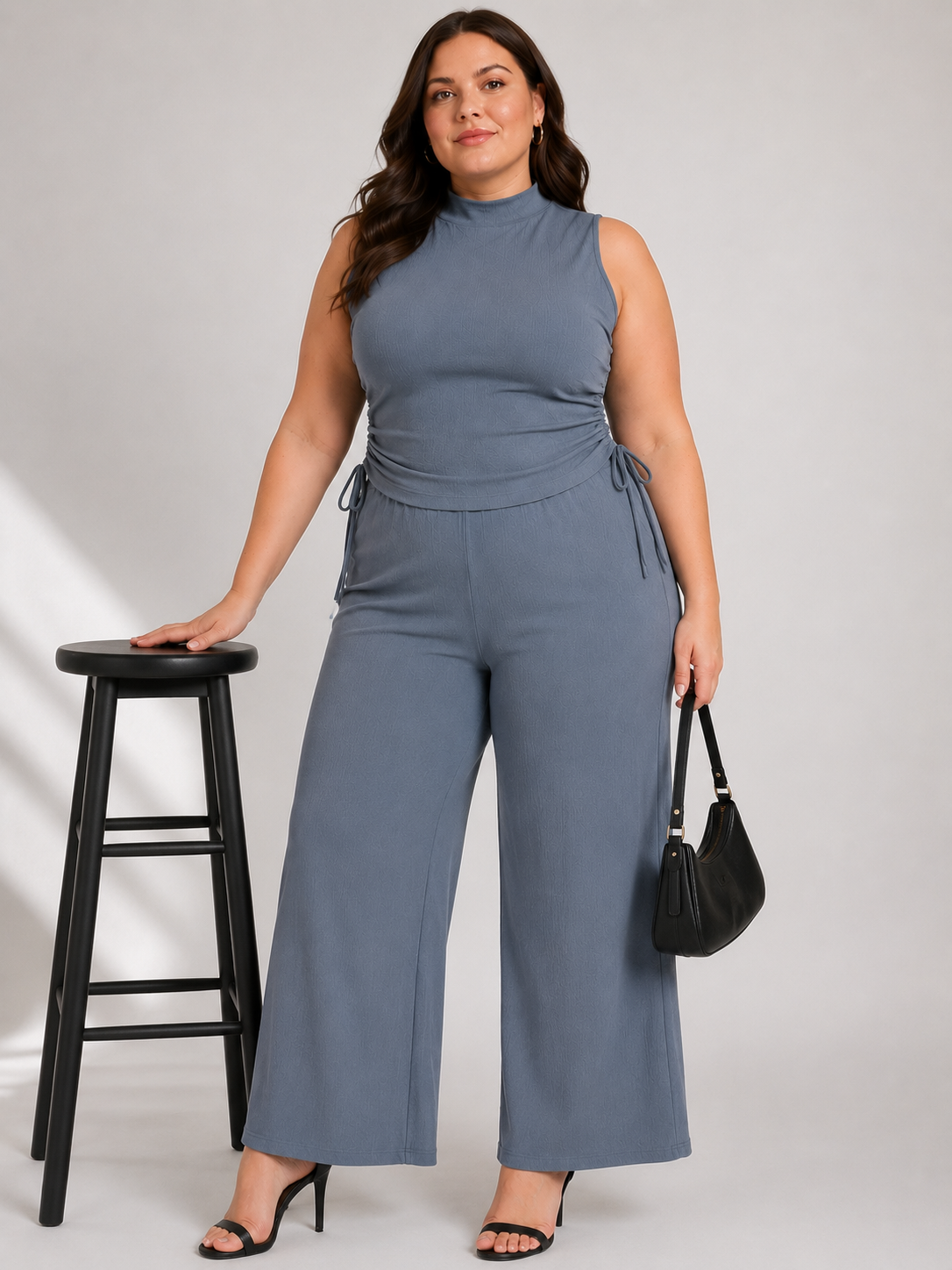 U&F Beyond Grey Solid Plus Size Top & Wide-Leg Trouser Co-Ord Set