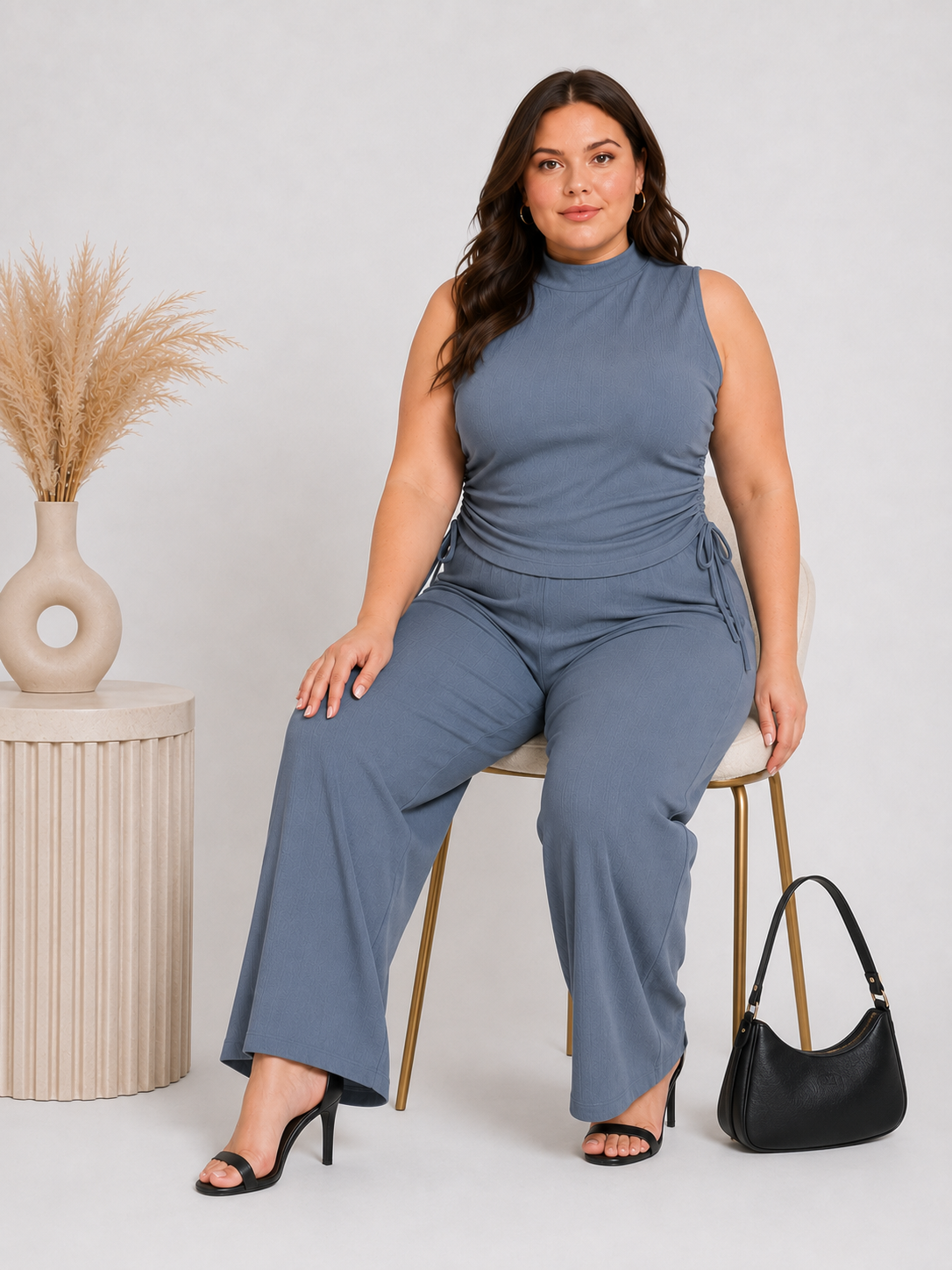 U&F Beyond Grey Solid Plus Size Top & Wide-Leg Trouser Co-Ord Set