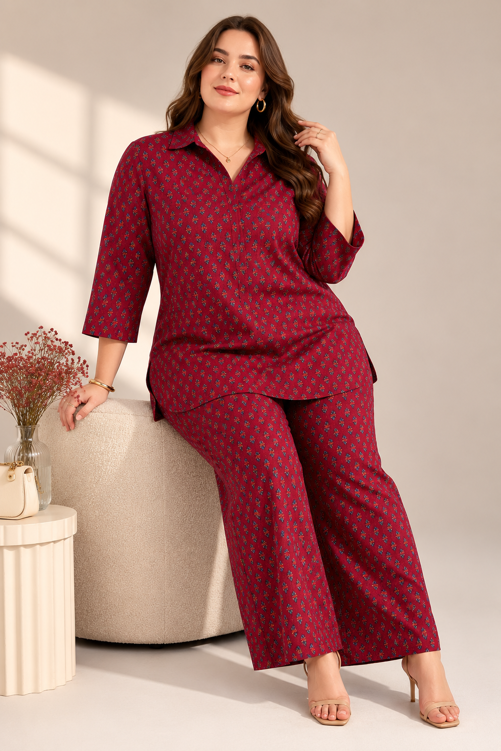 U&F Beyond Maroon Printed Shirt-Style Top & Wide-Leg Trouser Co-Ord Set