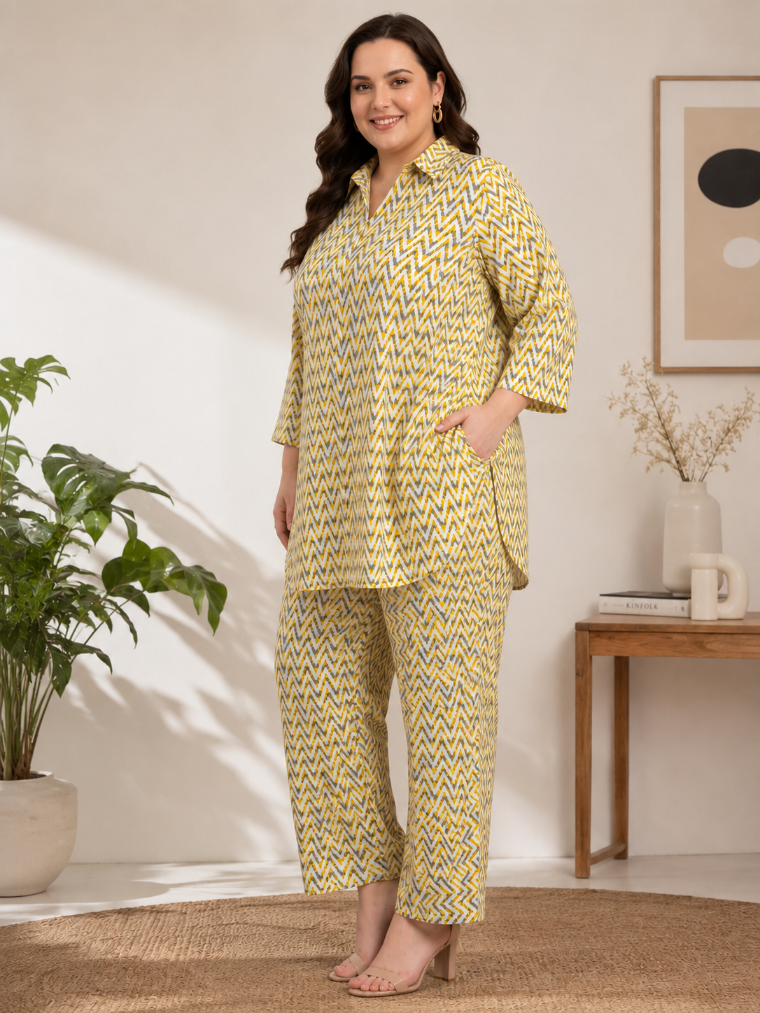 U&F Beyond Plus Size Yellow Geometric Printed Co-Ord Set