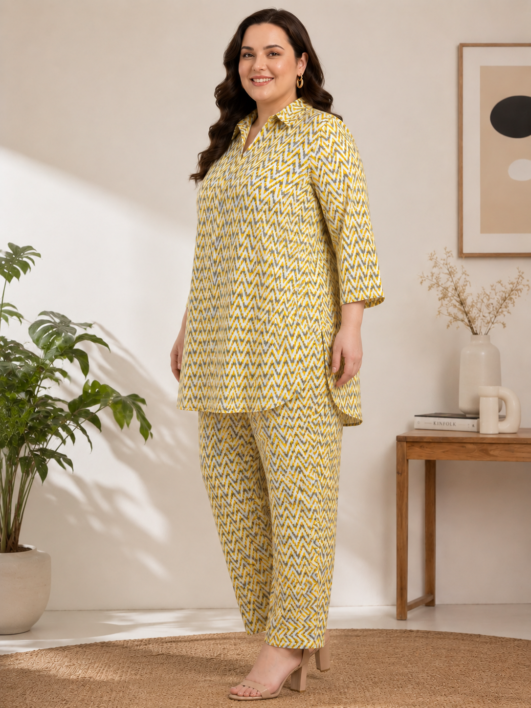 U&F Beyond Plus Size Yellow Geometric Printed Co-Ord Set