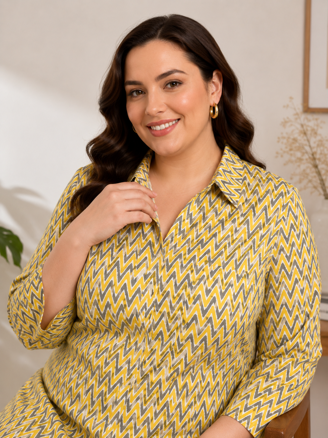 U&F Beyond Plus Size Yellow Geometric Printed Co-Ord Set