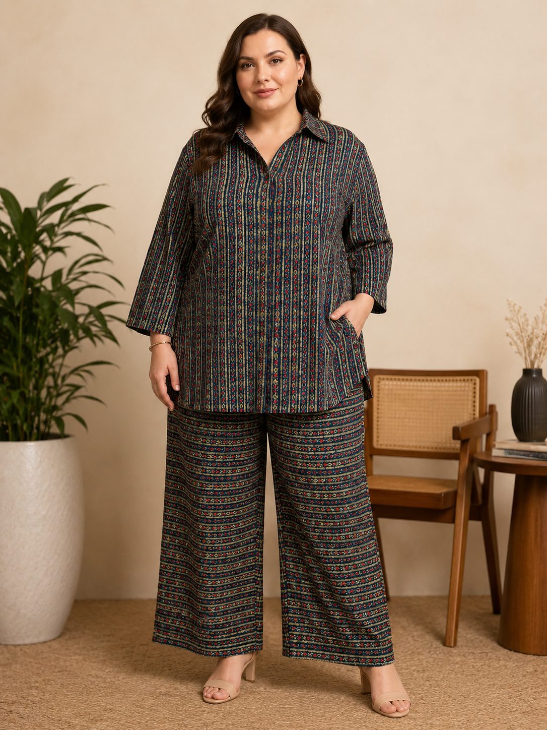 U&F Beyond Women Plus Size Navy Blue Ethnic Motif Printed Co-Ord Set