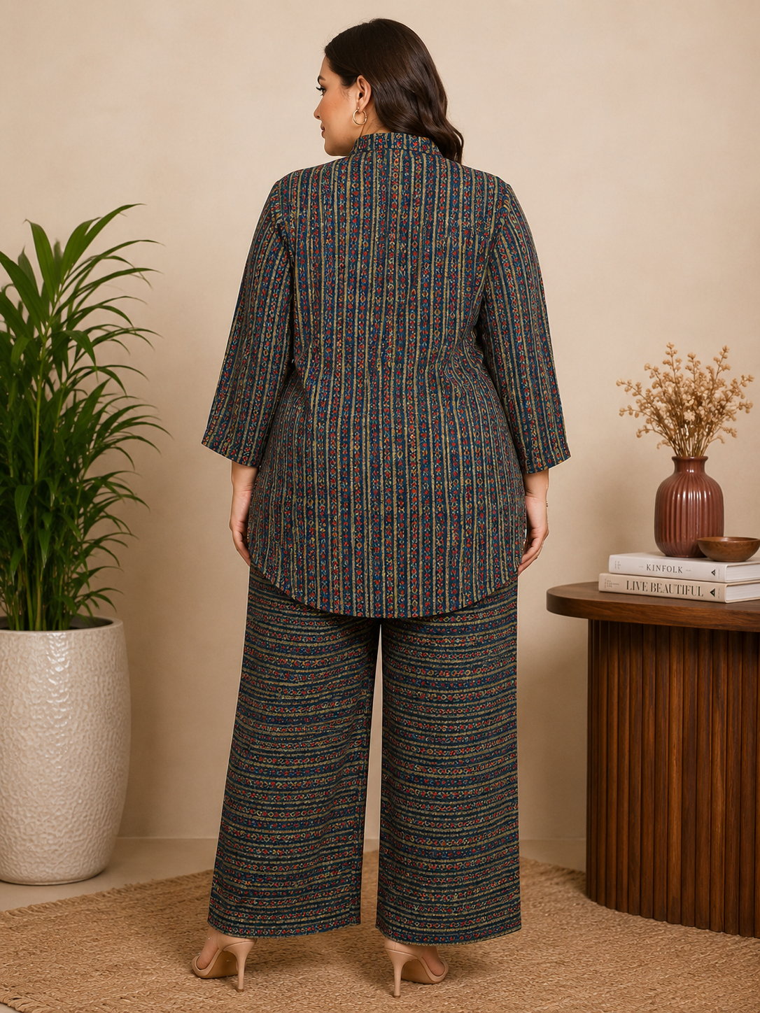 U&F Beyond Women Plus Size Navy Blue Ethnic Motif Printed Co-Ord Set