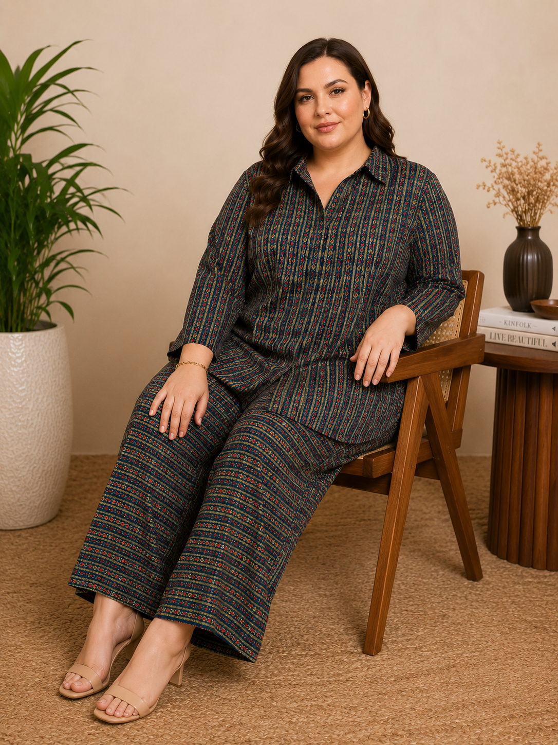 U&F Beyond Women Plus Size Navy Blue Ethnic Motif Printed Co-Ord Set