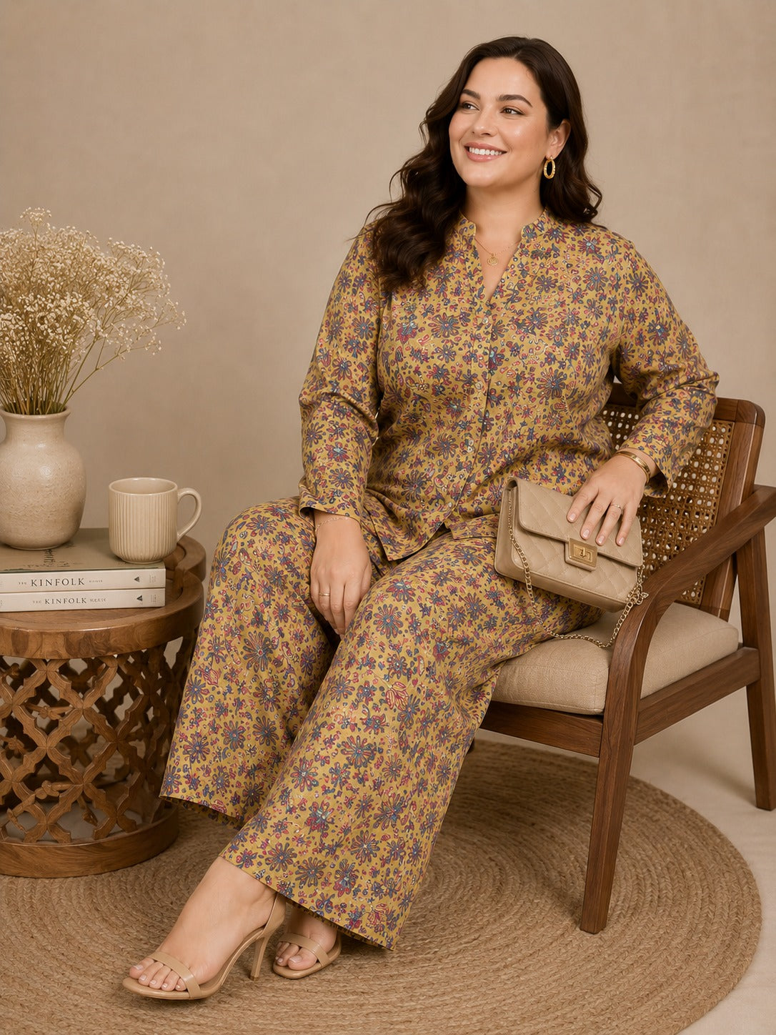 U&F Beyond Women Plus Size Floral Printed Co-Ord Set with Shirt Top & Wide Leg Trouser