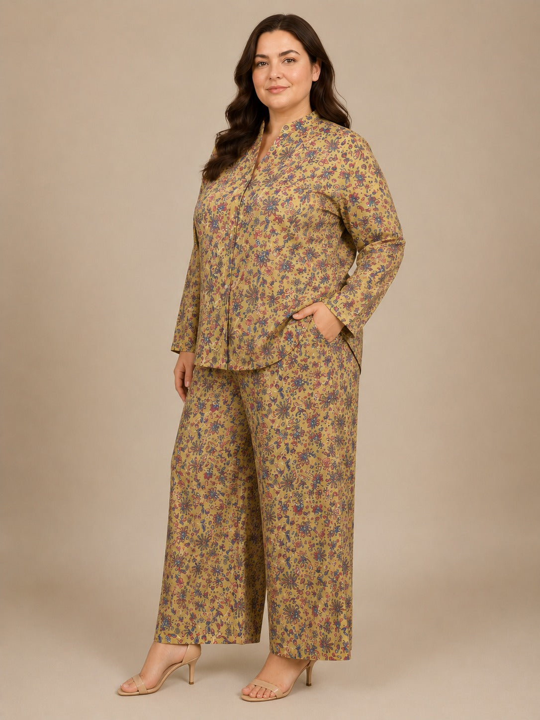 U&F Beyond Women Plus Size Floral Printed Co-Ord Set with Shirt Top & Wide Leg Trouser