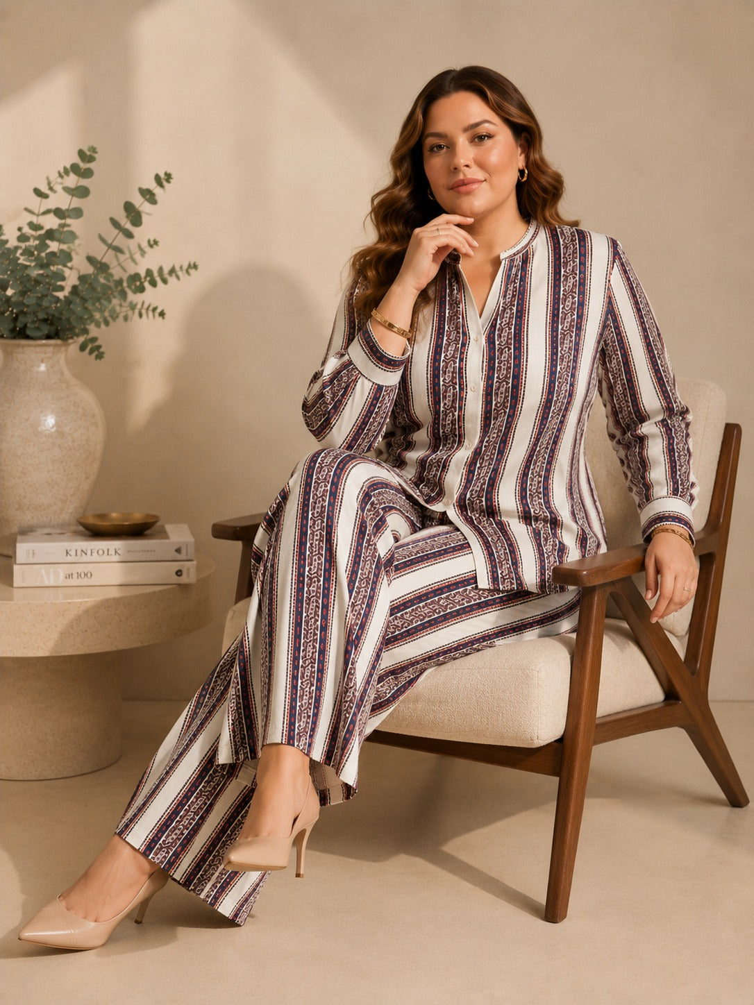U&F Beyond Women Plus Size Striped Printed Co-Ord Set with Shirt Top & Wide Leg Trouser