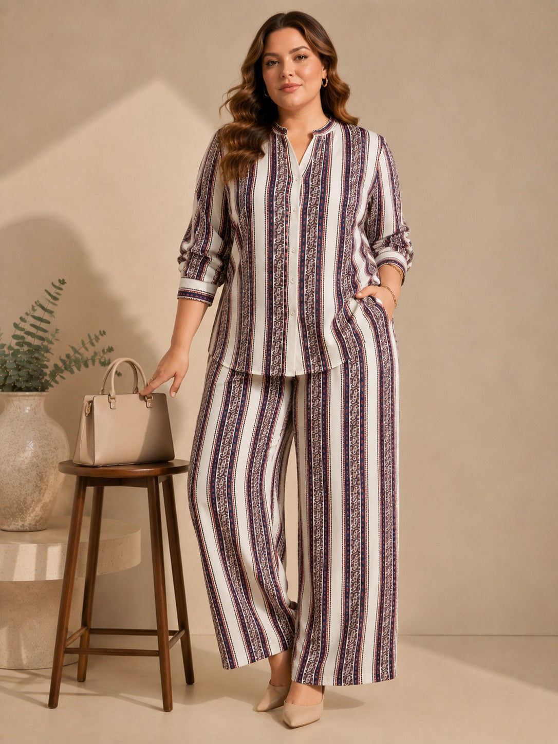 U&F Beyond Women Plus Size Striped Printed Co-Ord Set with Shirt Top & Wide Leg Trouser