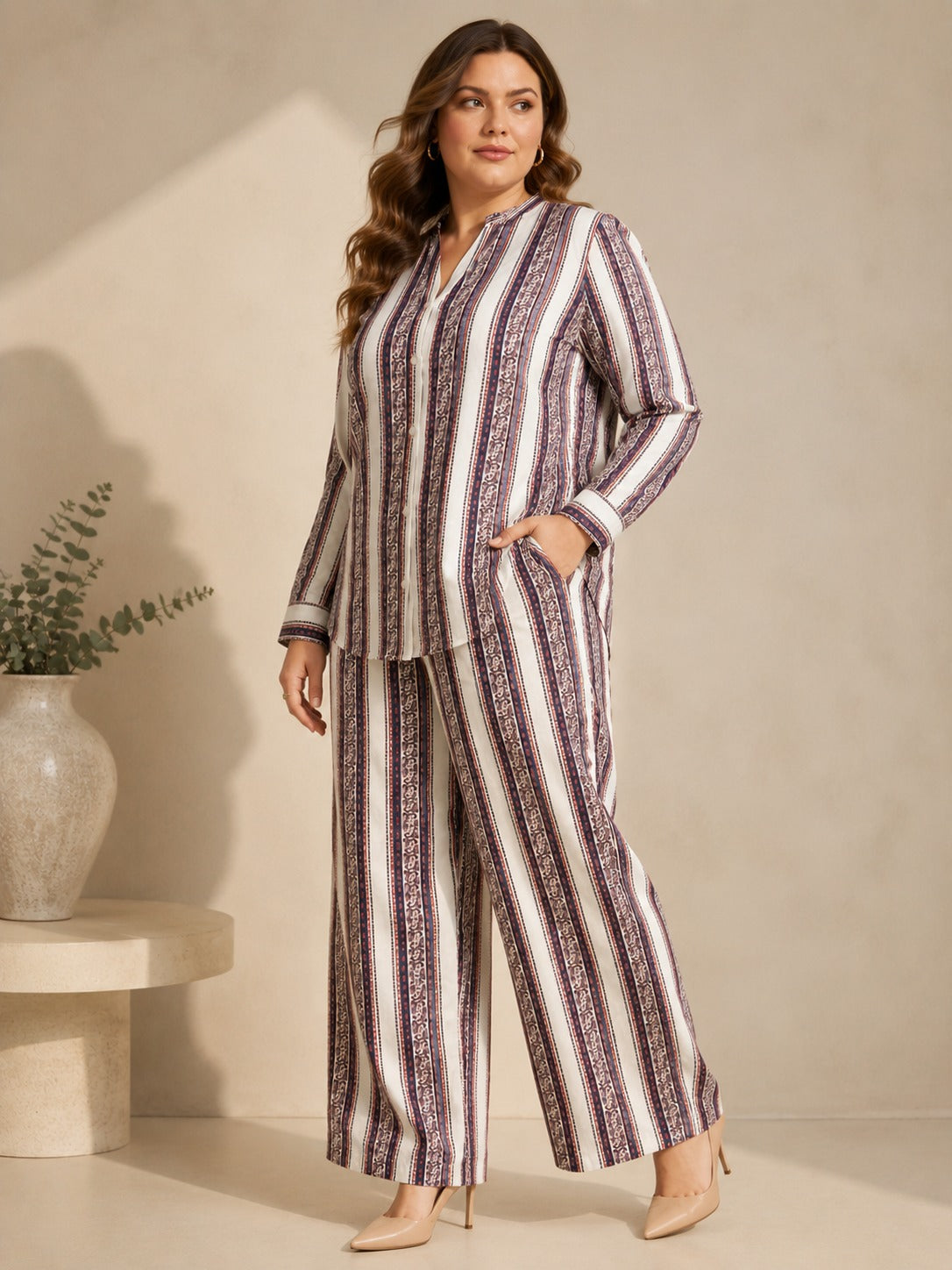 U&F Beyond Women Plus Size Striped Printed Co-Ord Set with Shirt Top & Wide Leg Trouser