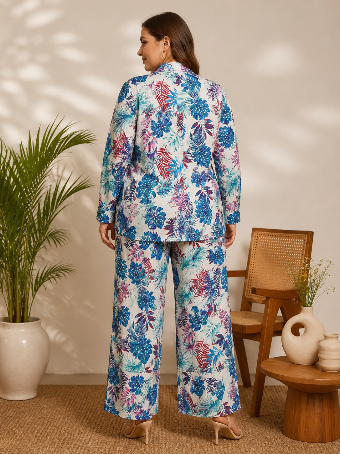 U&F Beyond Women Tropical Leaf & Floral Printed 100% Cotton Co-Ord Set with Shirt Top & Wide Leg Trousers