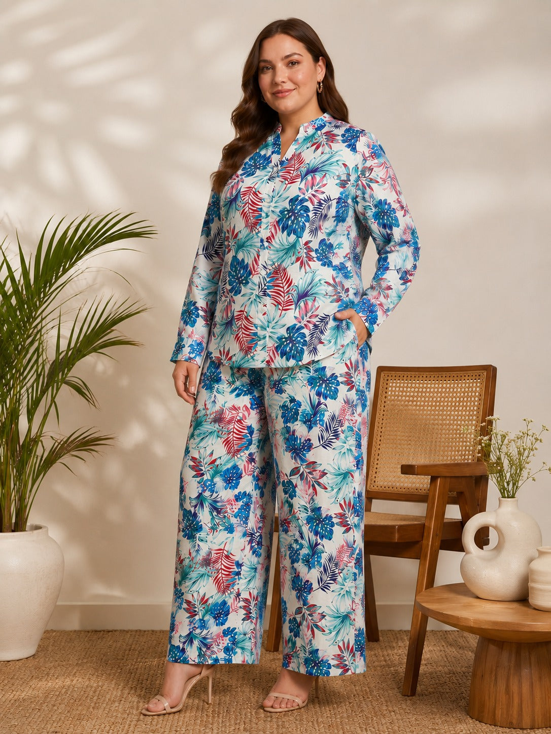 U&F Beyond Women Tropical Leaf & Floral Printed 100% Cotton Co-Ord Set with Shirt Top & Wide Leg Trousers