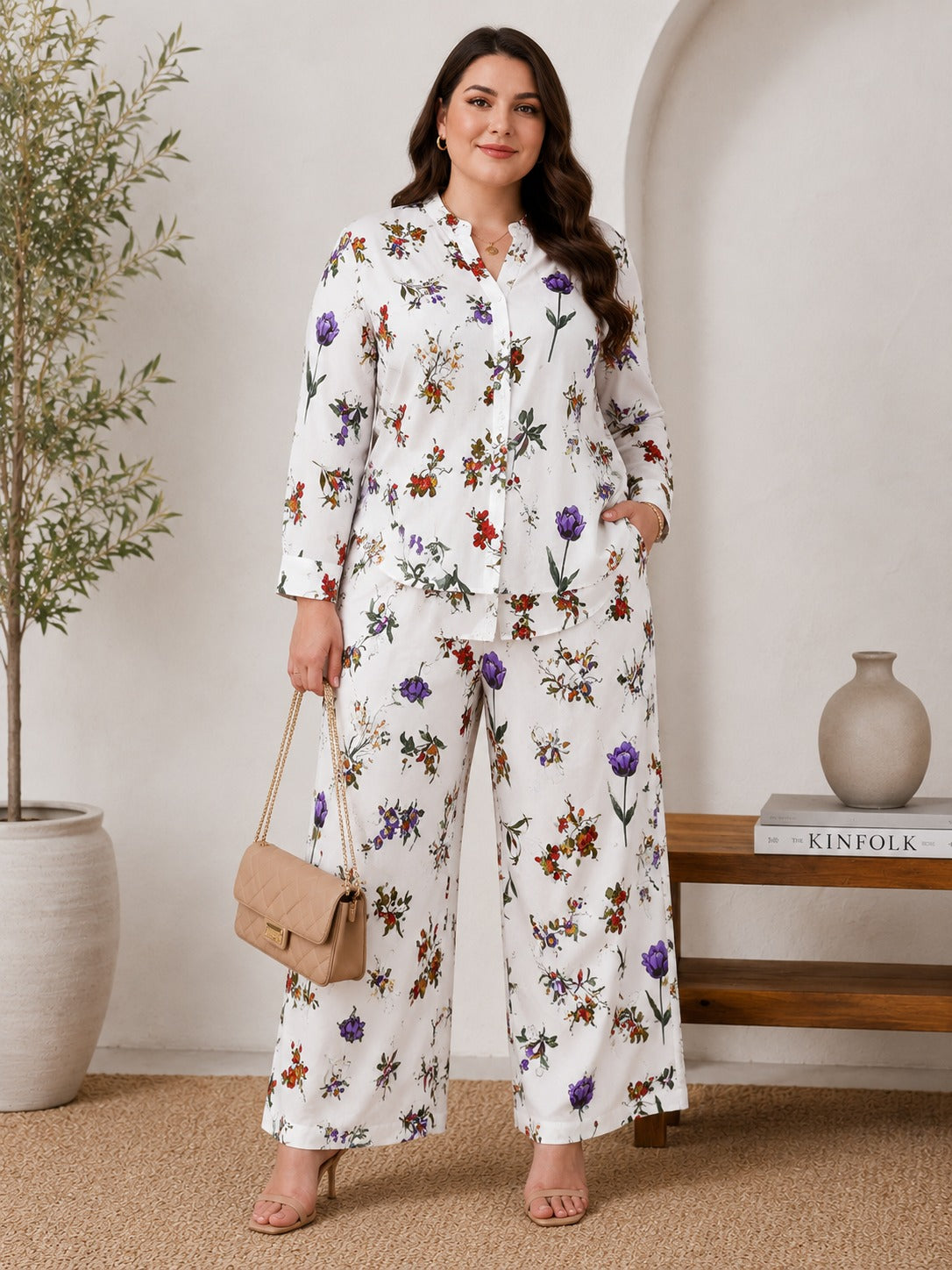 U&F Beyond Women Plus Size White Floral Printed 100% Cotton Co-Ord Set with Shirt Top & Straight Pant