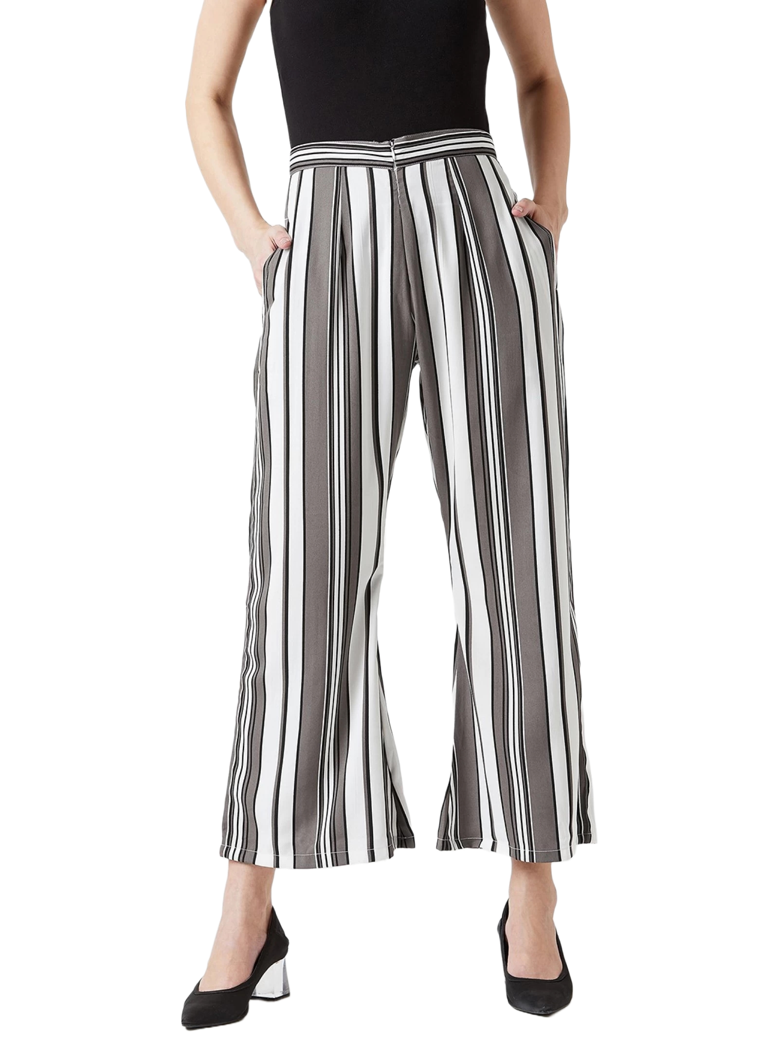 U&F Women Regular Fit Grey & White Viscose Trousers