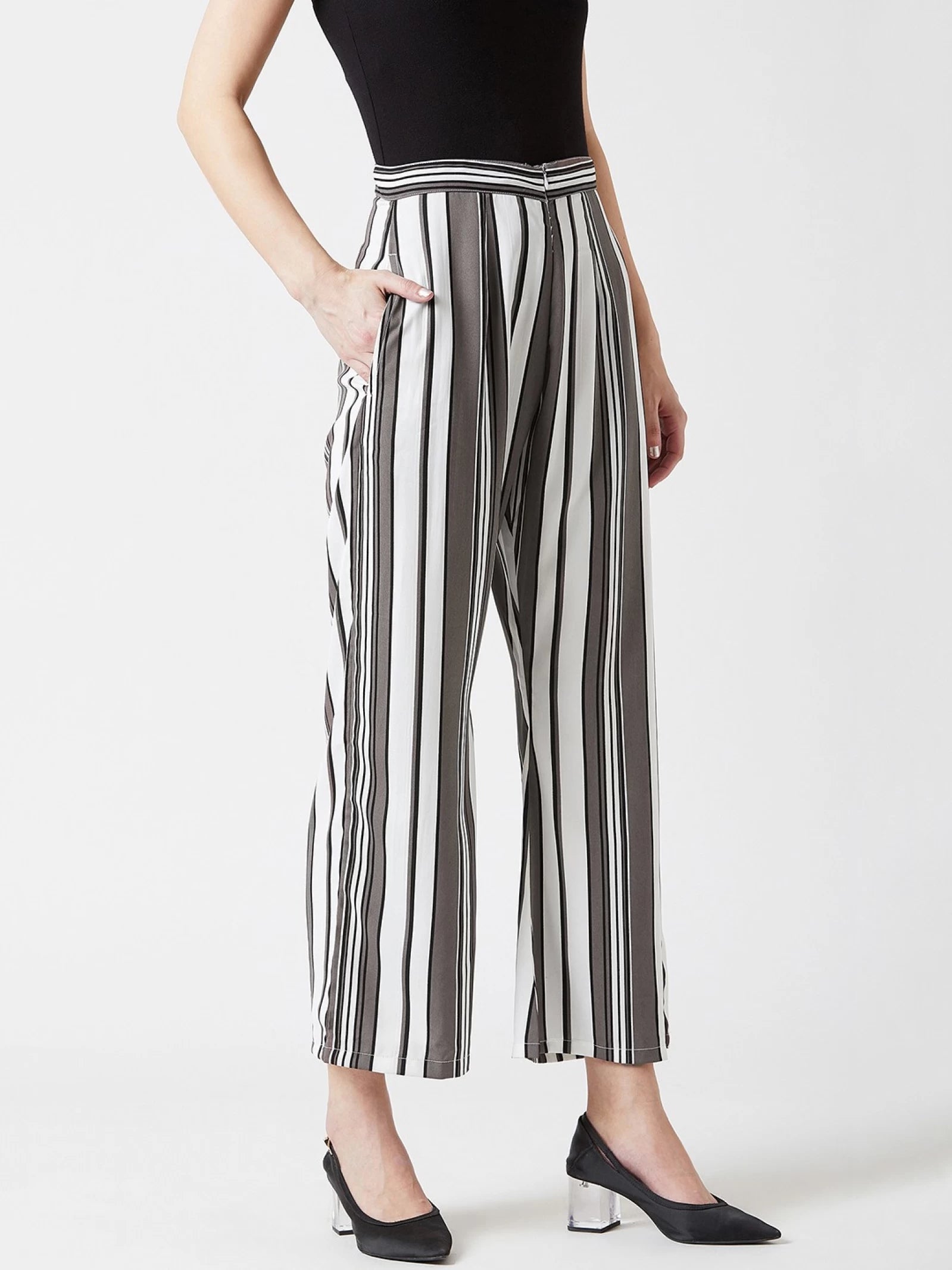 U&F Women Regular Fit Grey & White Viscose Trousers