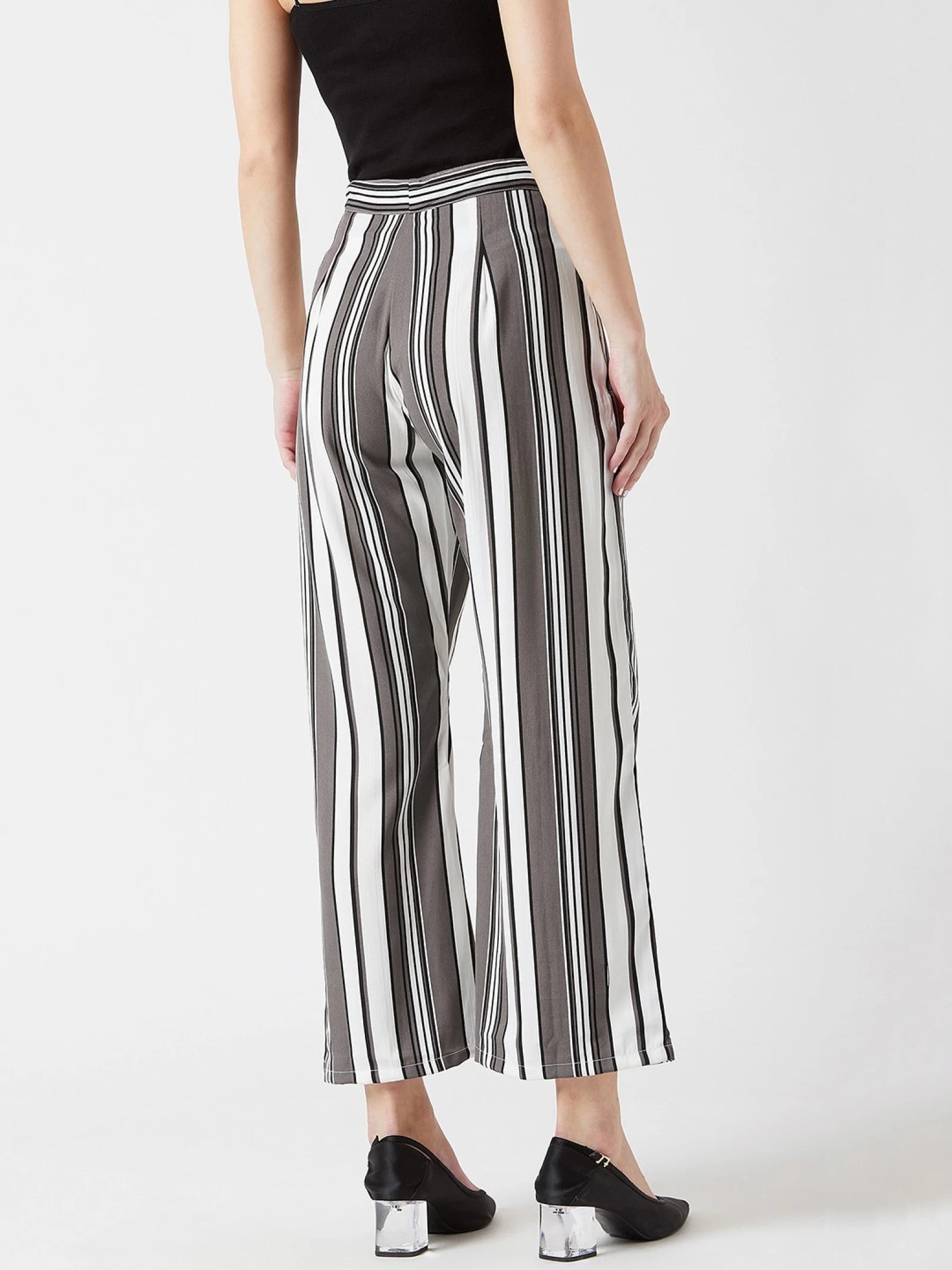 U&F Women Regular Fit Grey & White Viscose Trousers