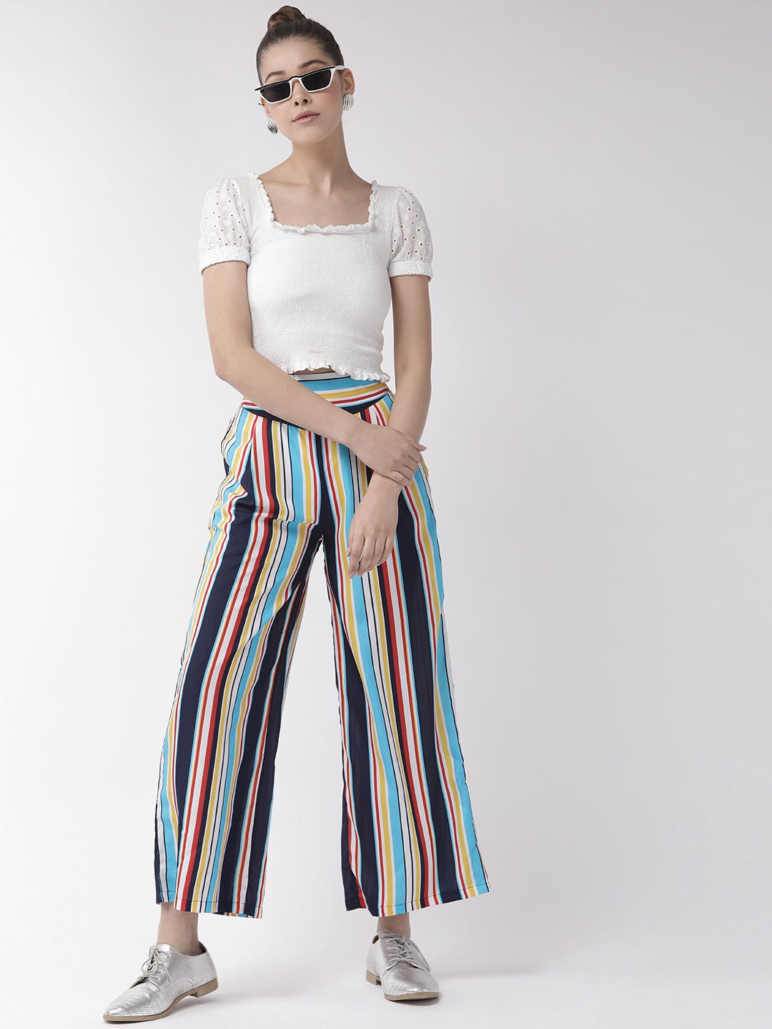 U&F Women Regular Fit Multi-coloured Crepe Trousers