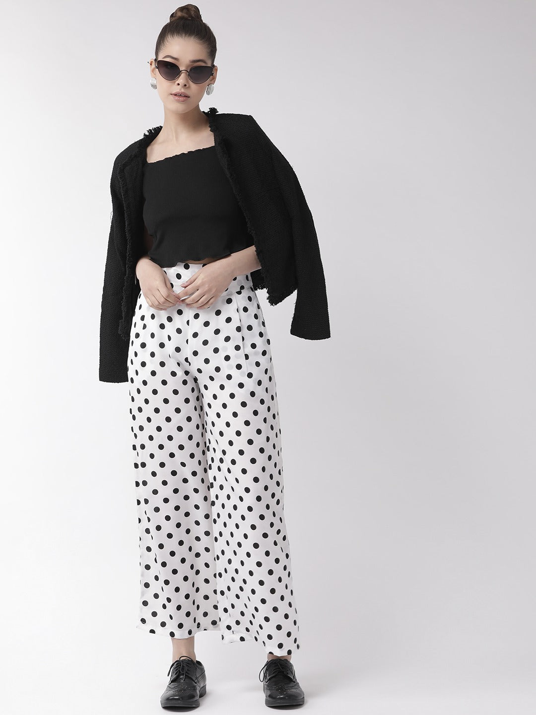 U&F Women Regular Fit Black & White Crepe Trousers