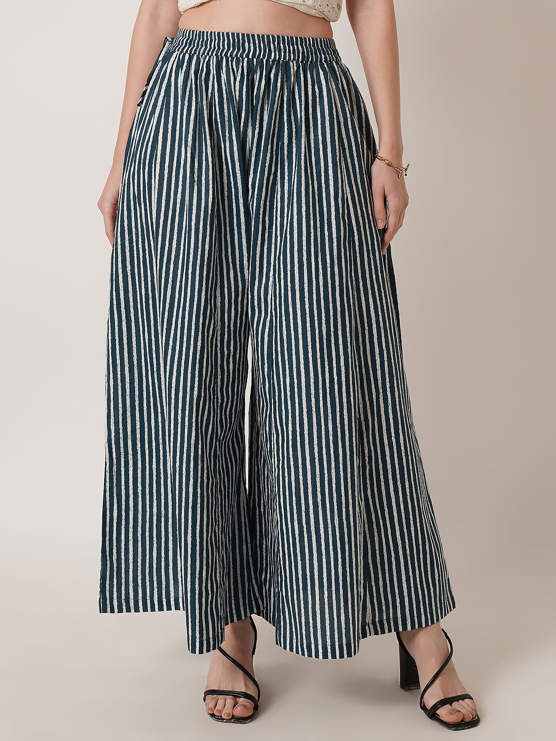 U&F Women Striped Wide Leg Cotton Palazzos