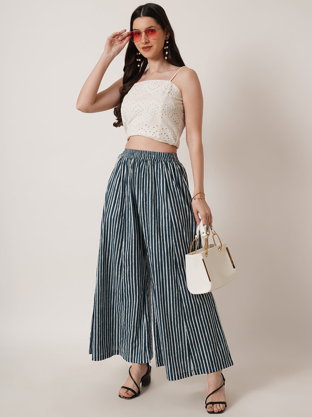 U&F Women Striped Wide Leg Cotton Palazzos