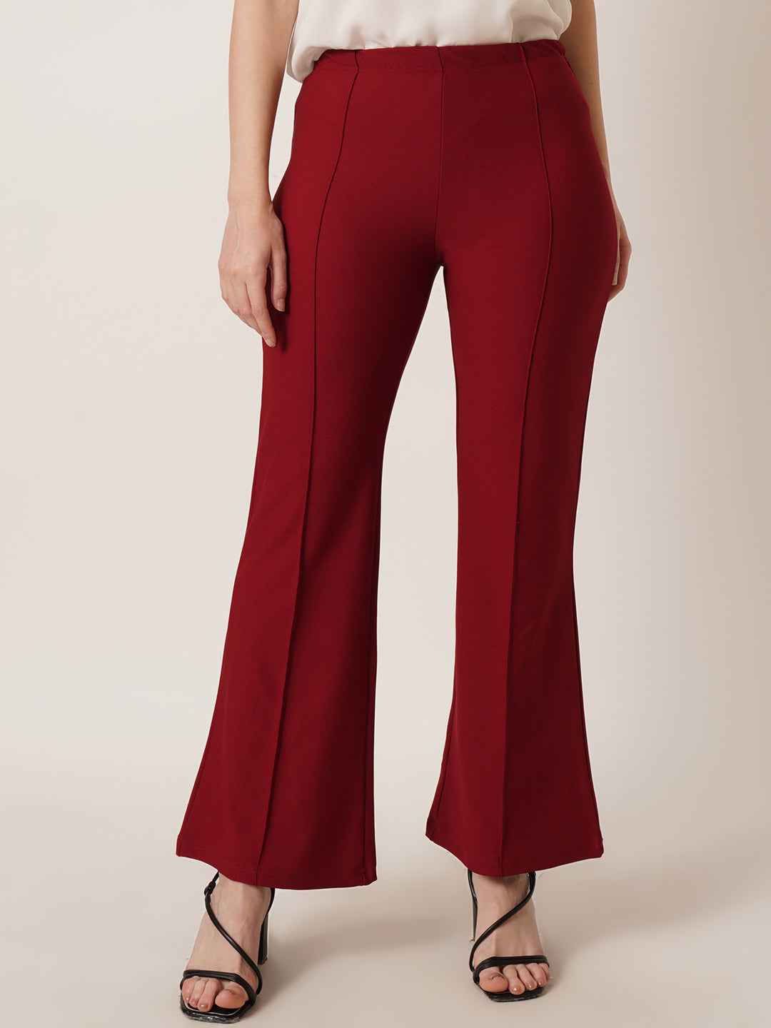 U&F Women Flared Mid-Rise Bootcut Maroon Trousers