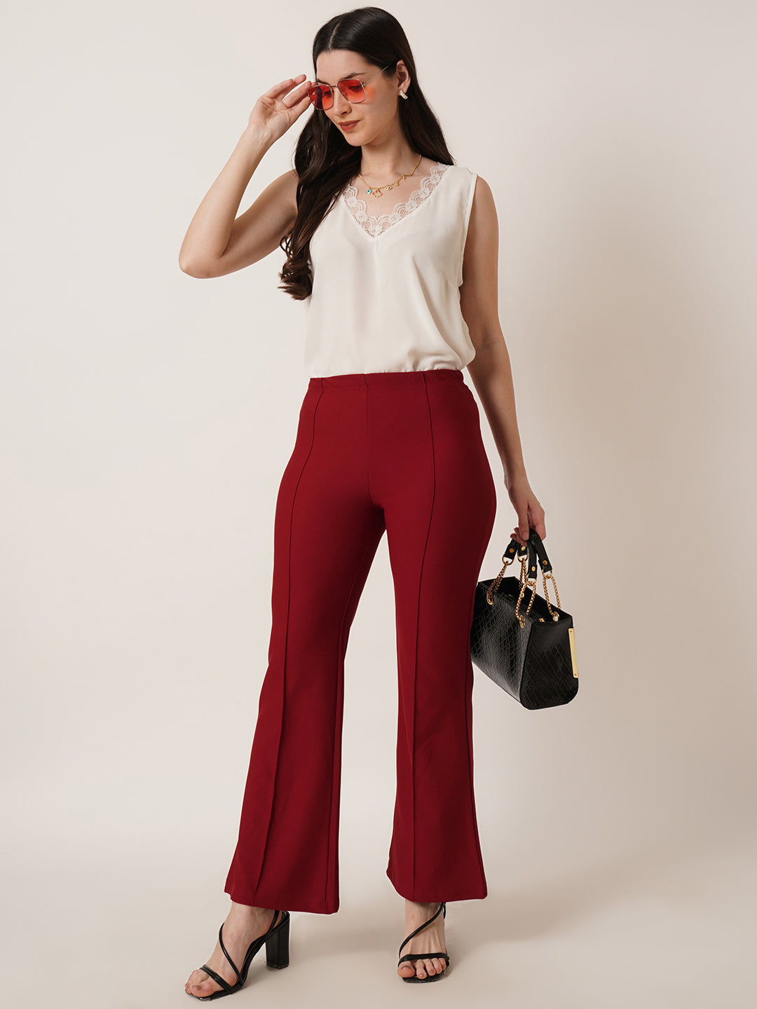 U&F Women Flared Mid-Rise Bootcut Maroon Trousers