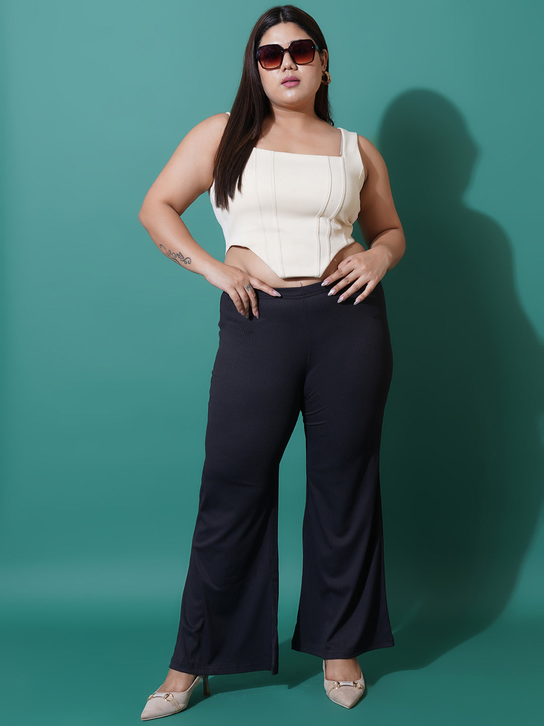 Women Plus Size Black Slim fit Bell Bottom Trousers
