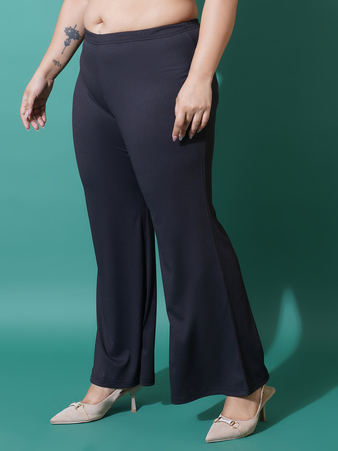 Women Plus Size Black Slim fit Bell Bottom Trousers