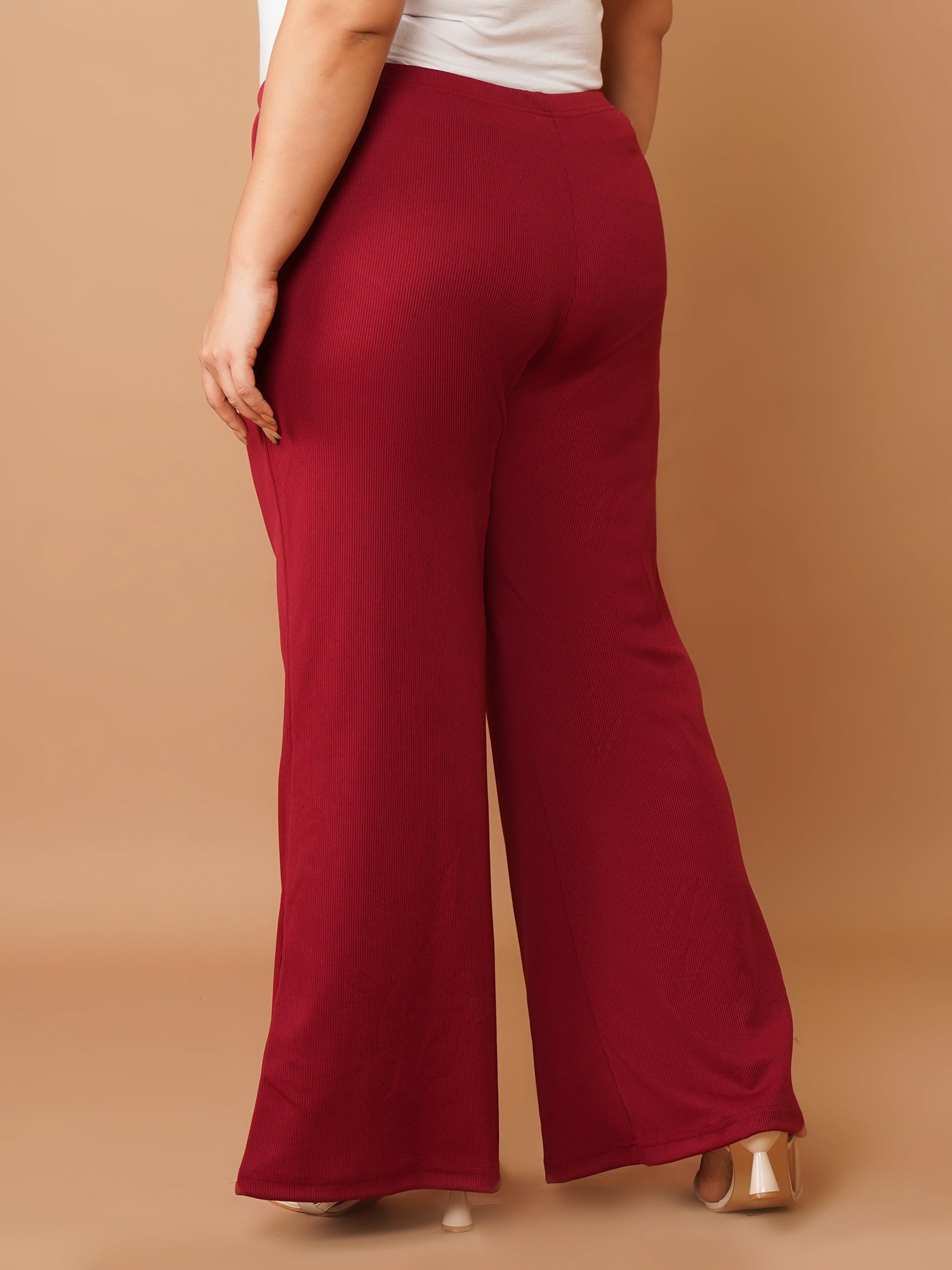 U&F Beyond Women Plus Size Maroon Solid Wide-Leg Trouser