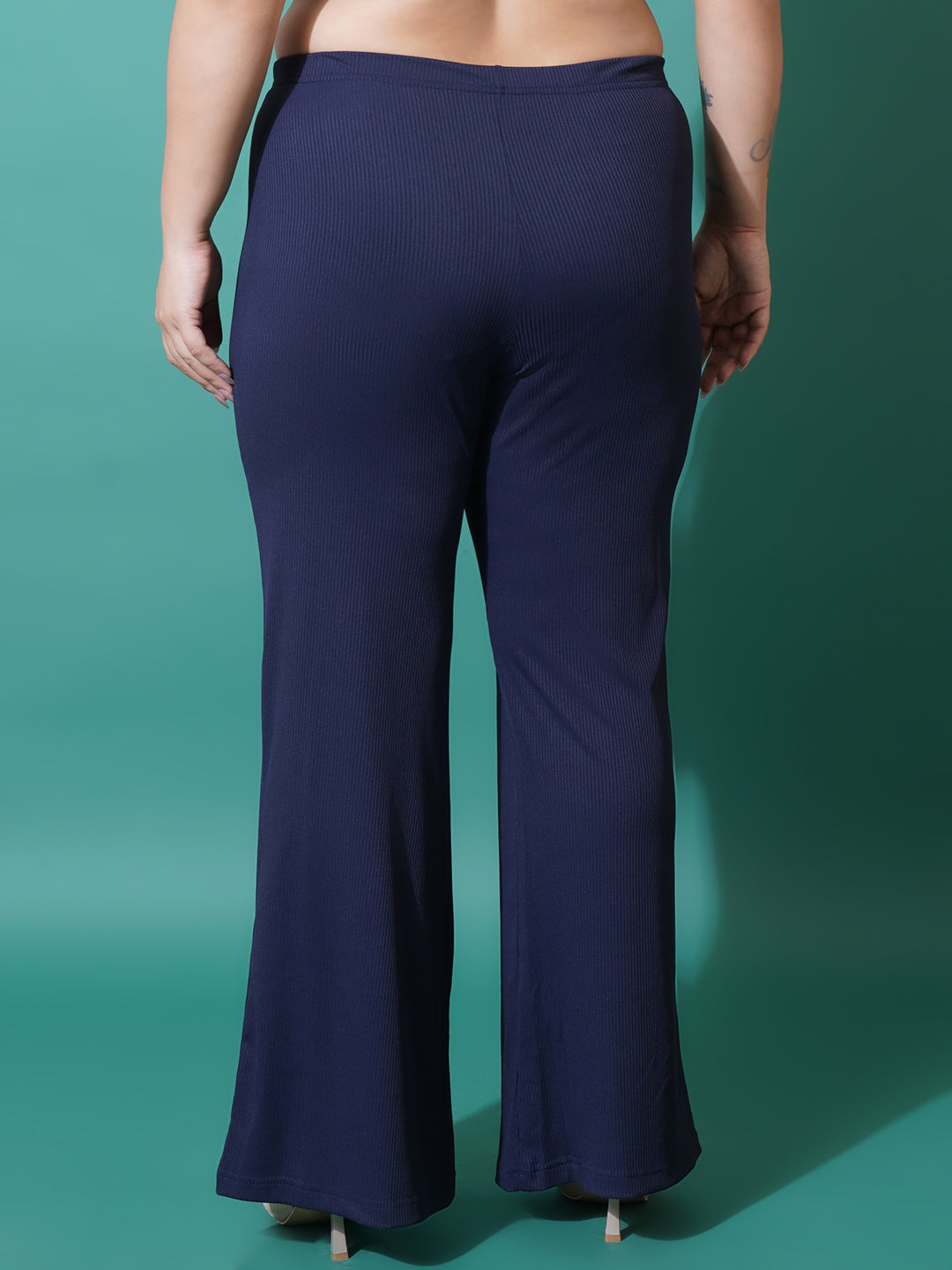 Women Plus Size Navy Blue Slim fit Bell Bottom Trousers