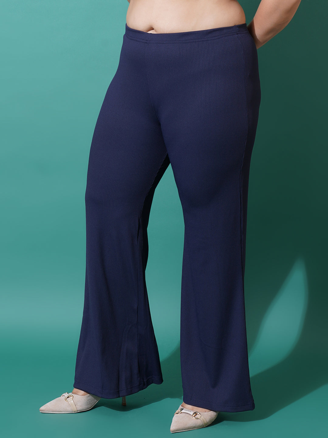 Women Plus Size Navy Blue Slim fit Bell Bottom Trousers
