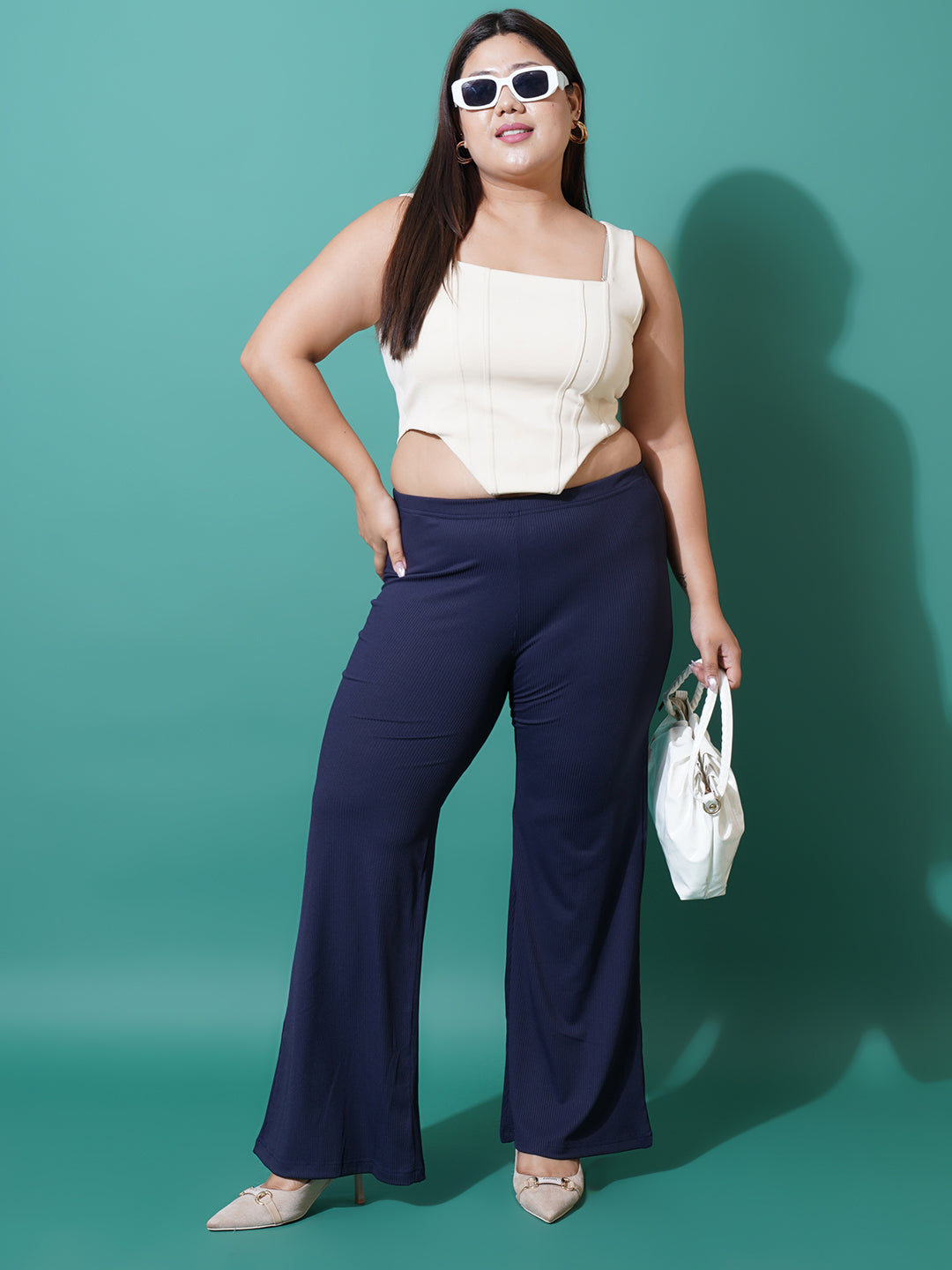 Women Plus Size Navy Blue Slim fit Bell Bottom Trousers