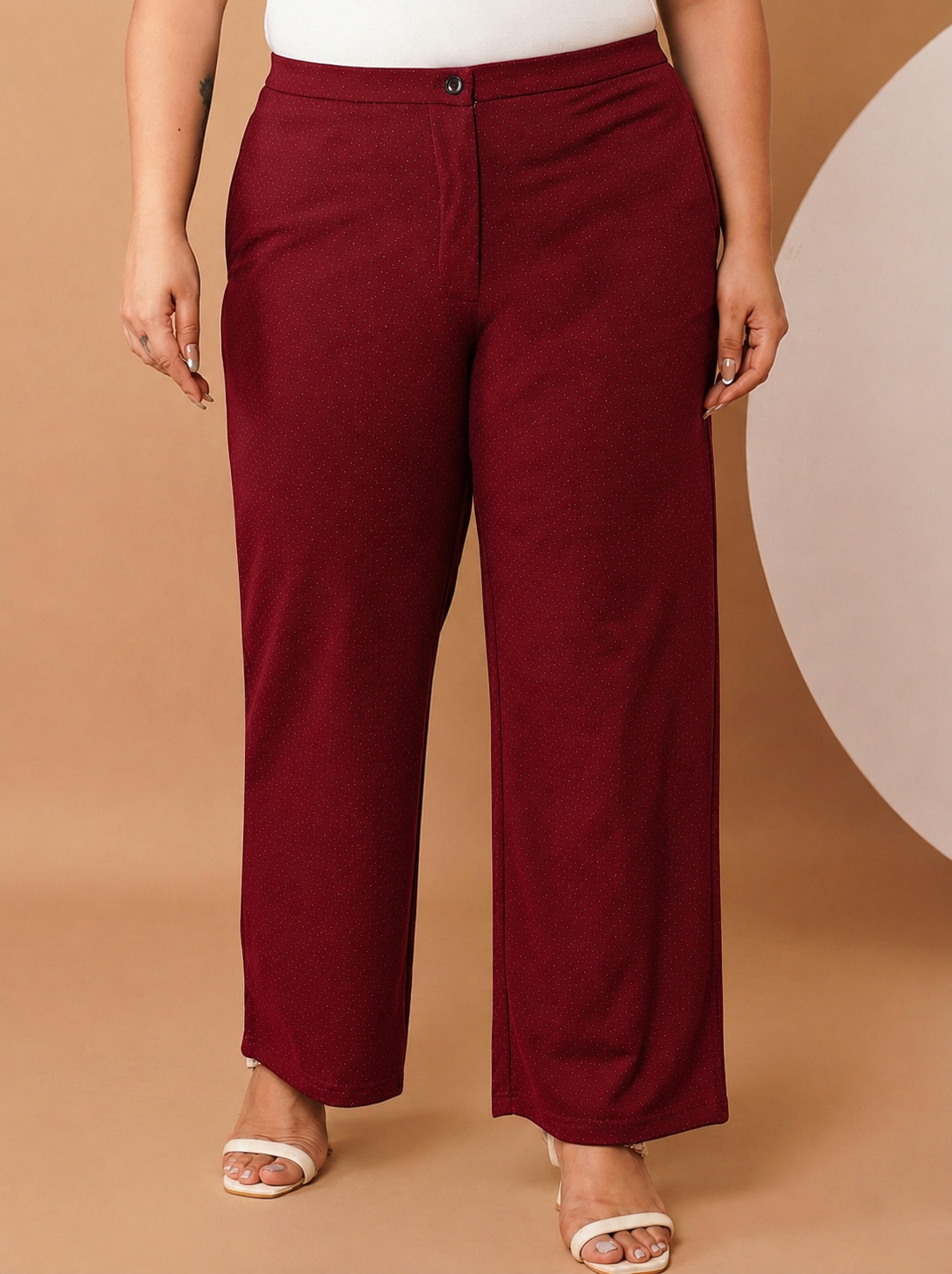 U&F Beyond Maroon Textured Poly Elastane Plus Size Wide-Leg Trousers