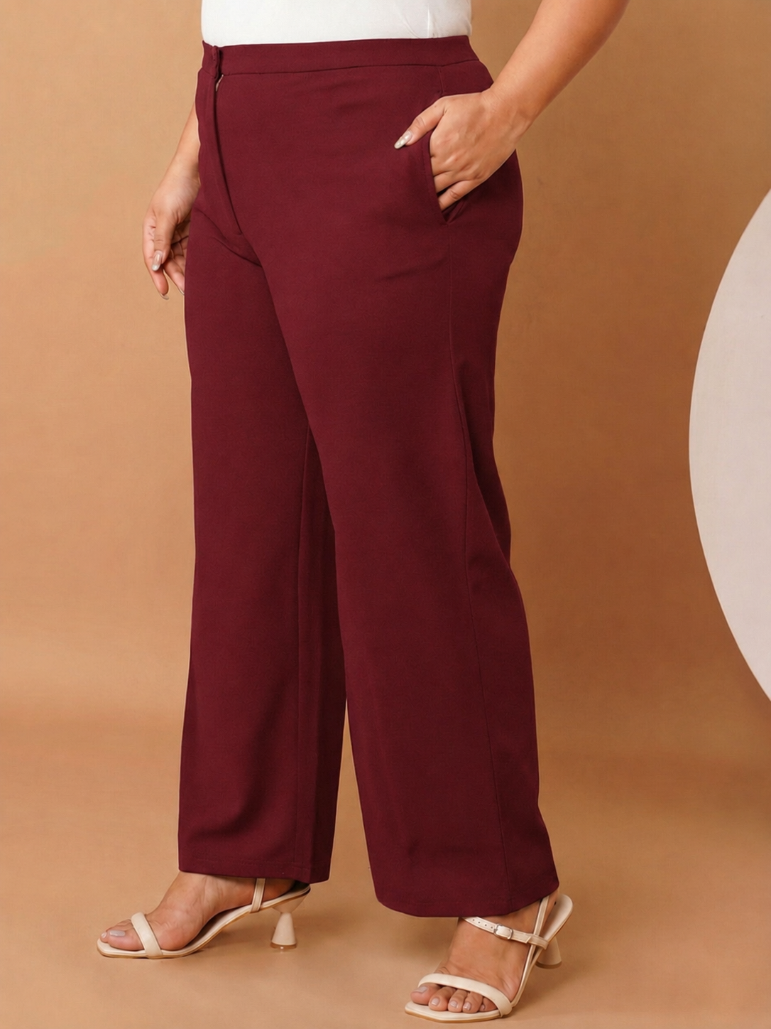 U&F Beyond Maroon Textured Poly Elastane Plus Size Wide-Leg Trousers