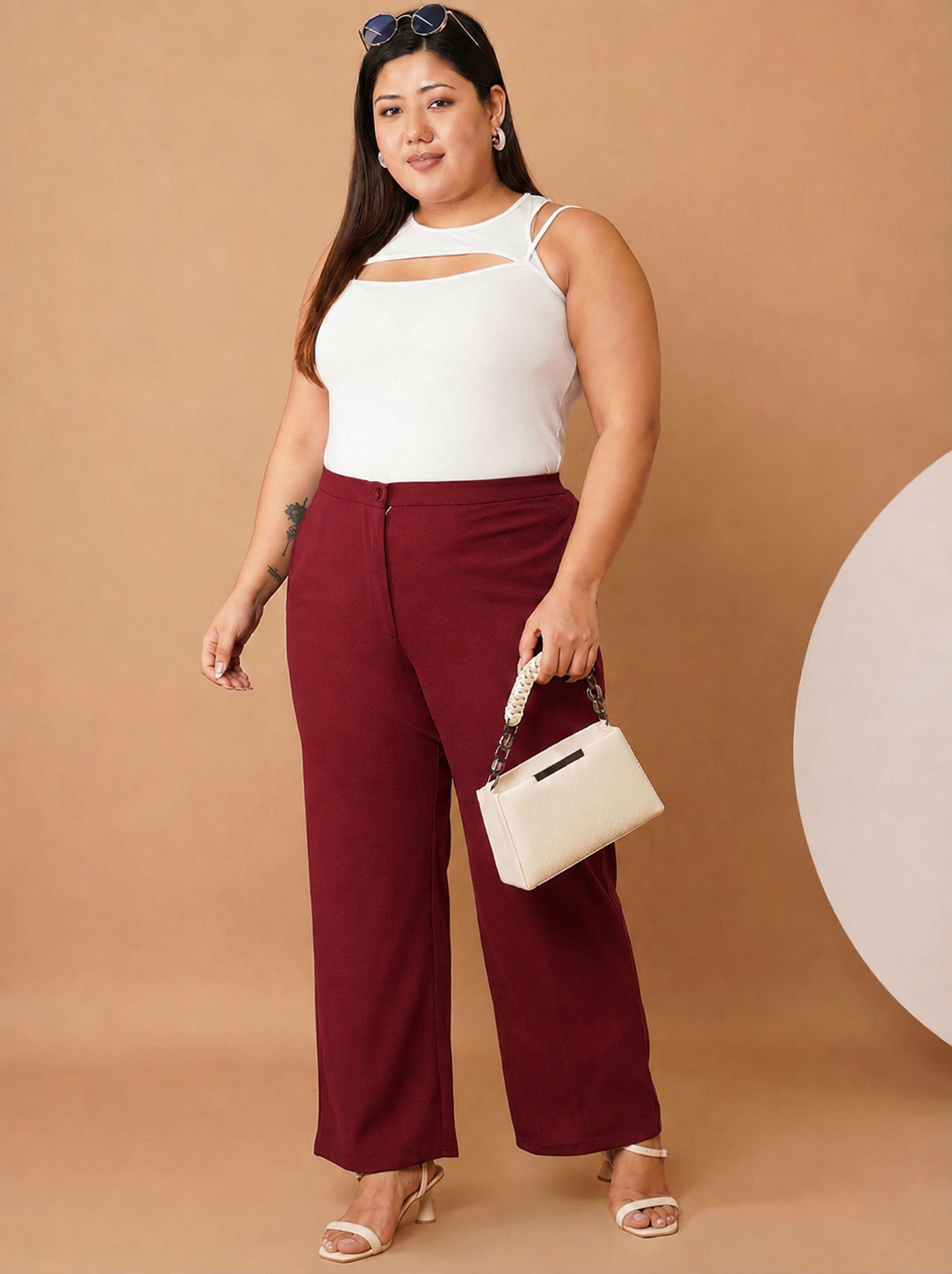 U&F Beyond Maroon Textured Poly Elastane Plus Size Wide-Leg Trousers