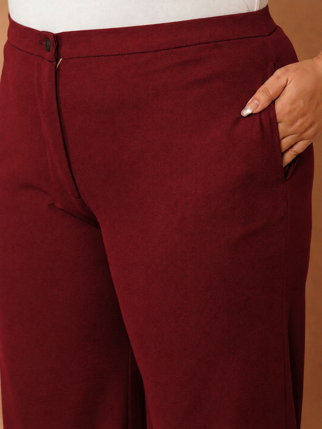 U&F Beyond Maroon Textured Poly Elastane Plus Size Wide-Leg Trousers