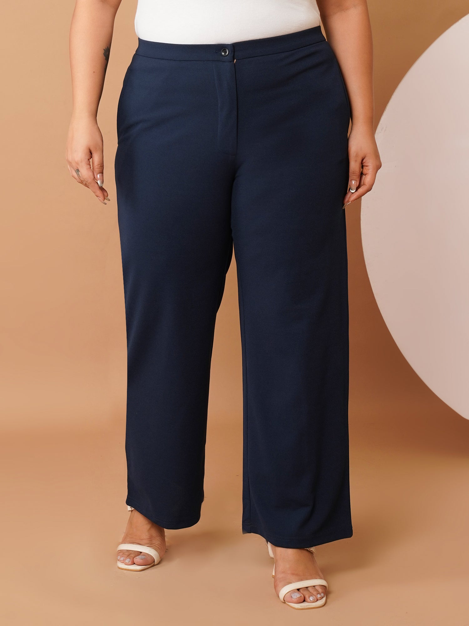 U&F Beyond Plus Size Women’s Solid Navy Straight-Leg Stretch Trousers with Button Waist