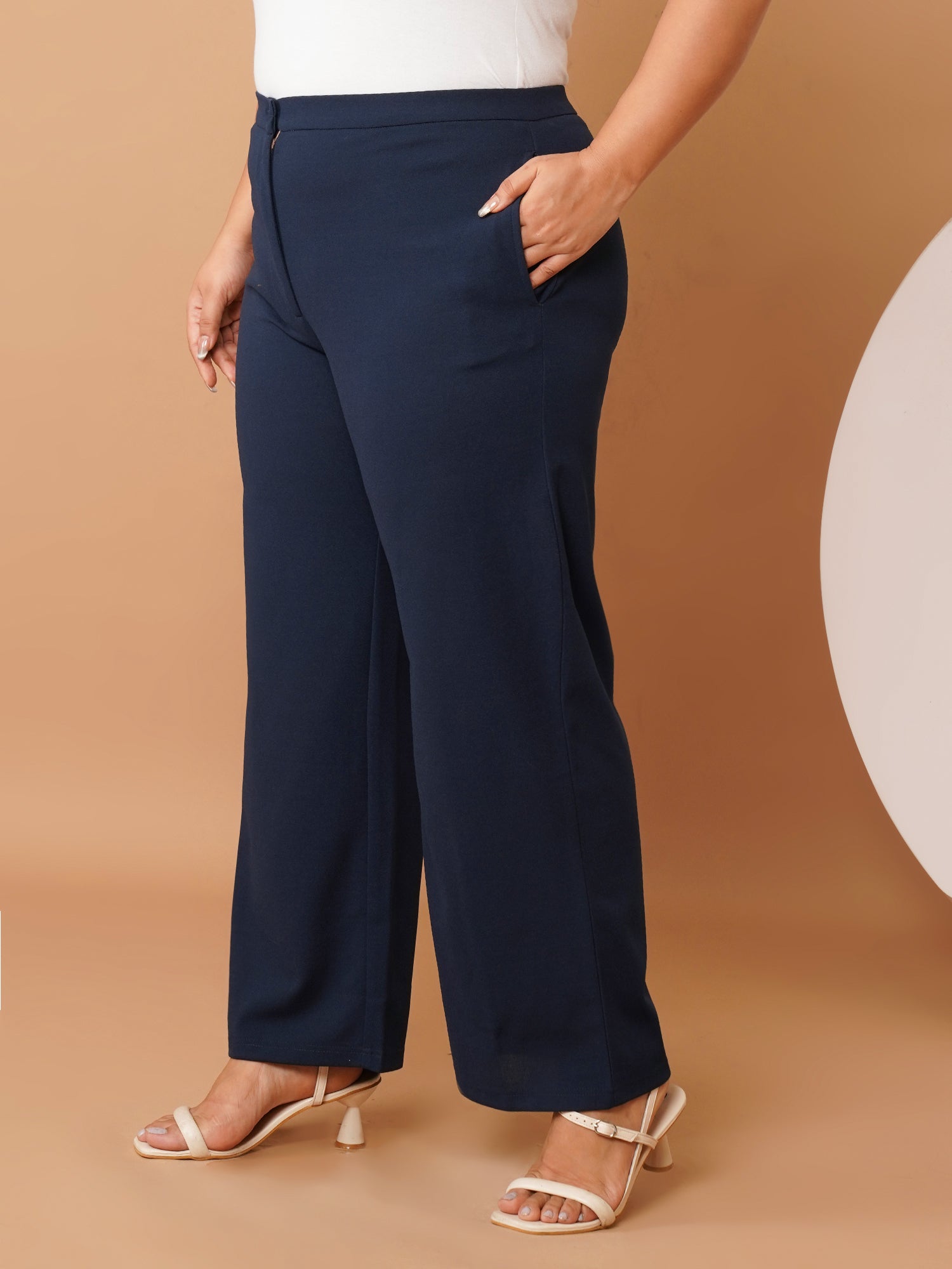 U&F Beyond Plus Size Women’s Solid Navy Straight-Leg Stretch Trousers with Button Waist