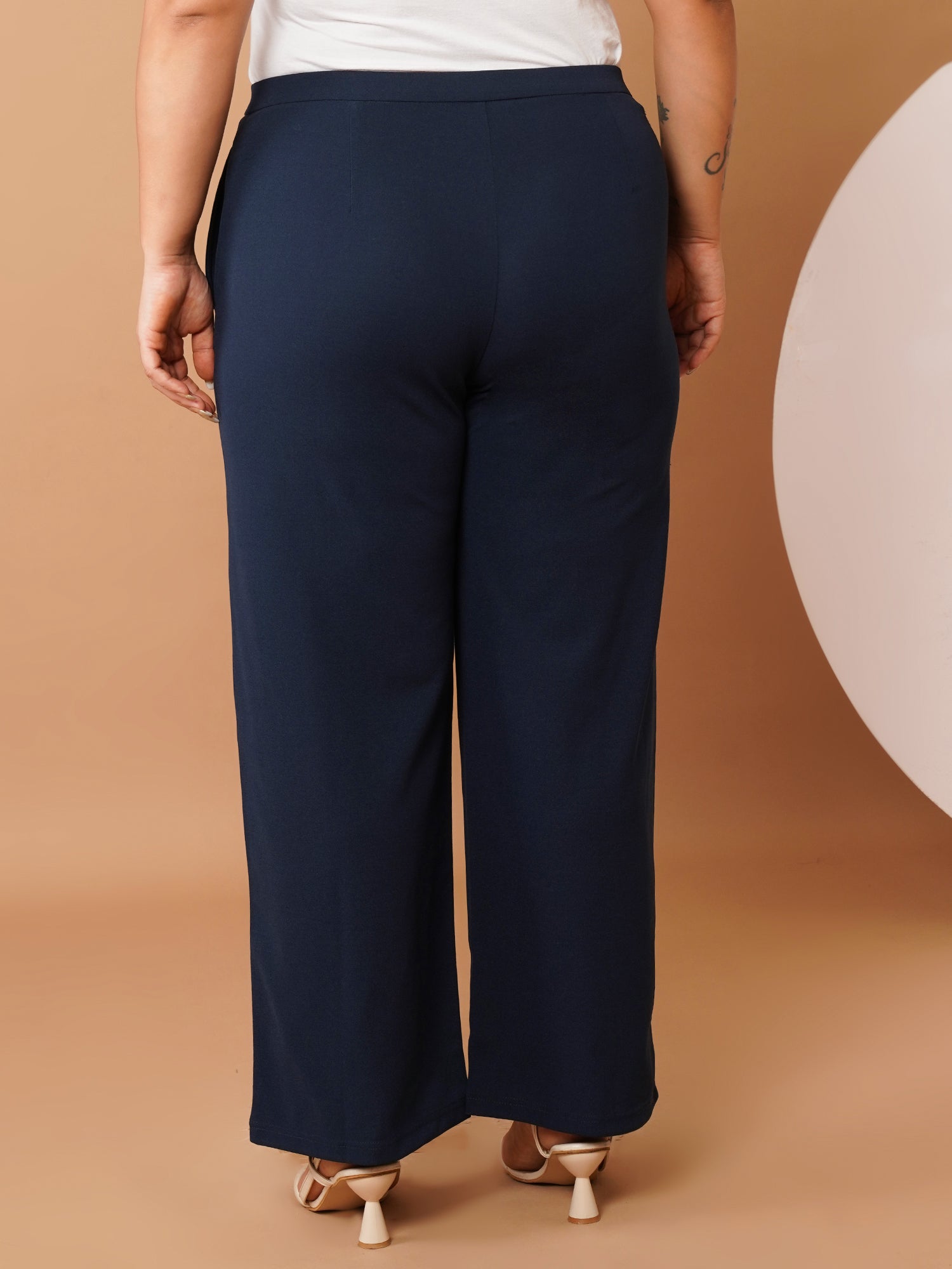 U&F Beyond Plus Size Women’s Solid Navy Straight-Leg Stretch Trousers with Button Waist