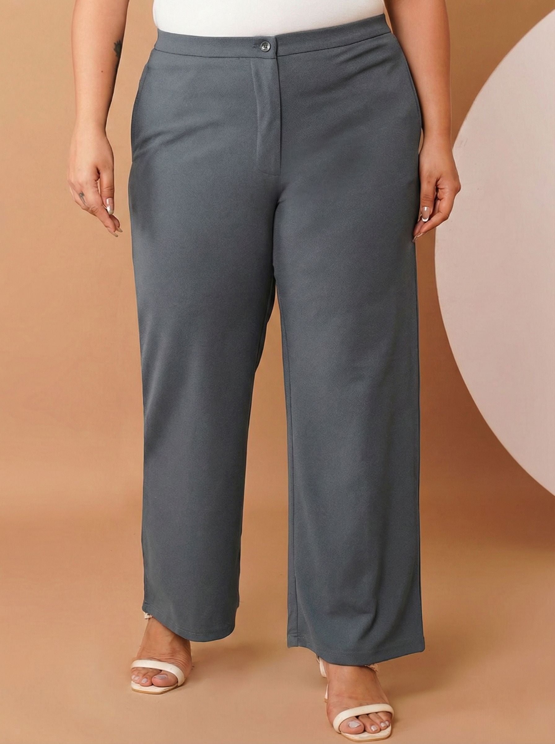 U&F Beyond Women Solid Grey Straight Fit Easy Wash Trousers