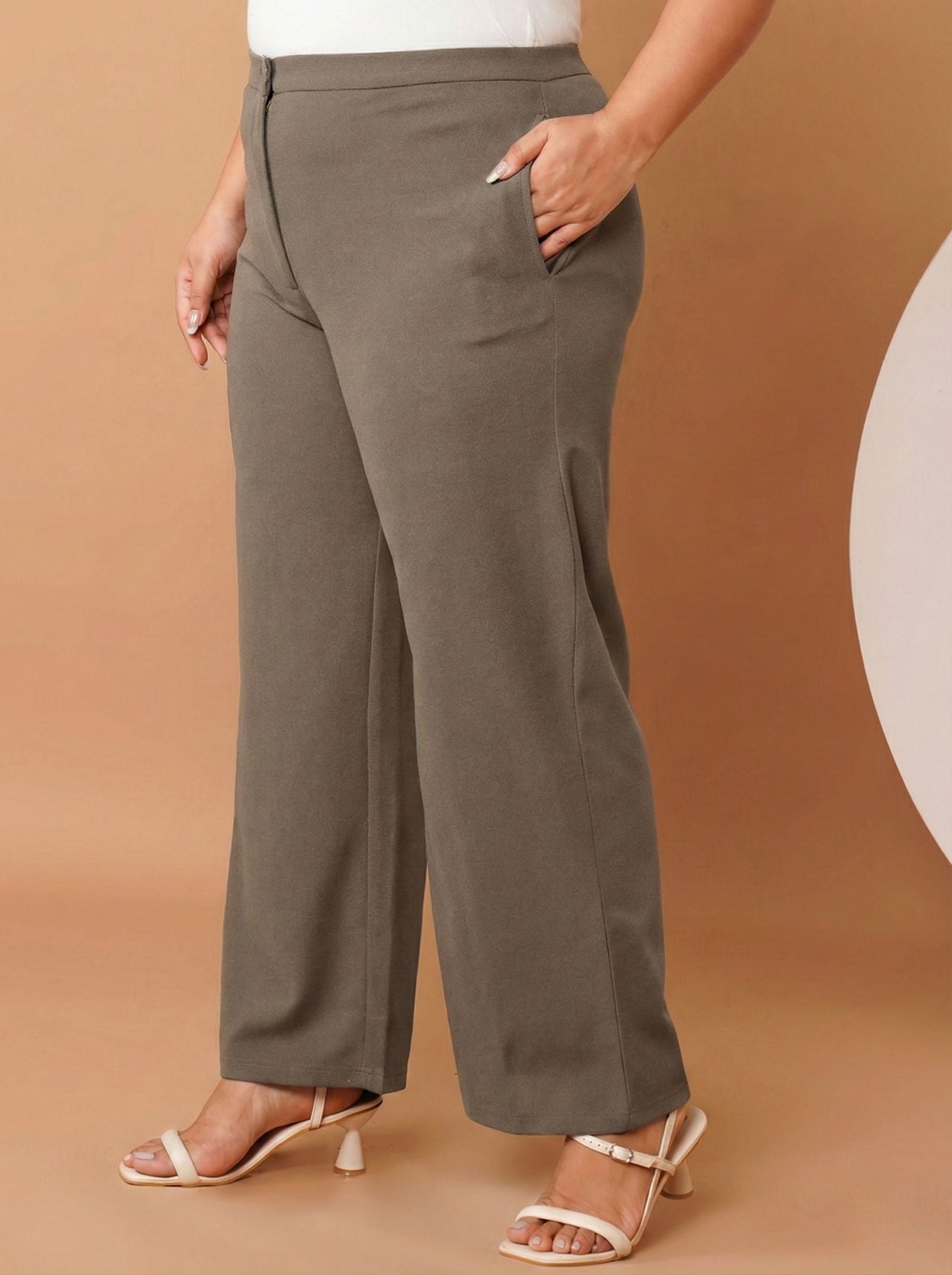 U&F Beyond Women Solid Brown Straight Fit Easy Wash Trousers