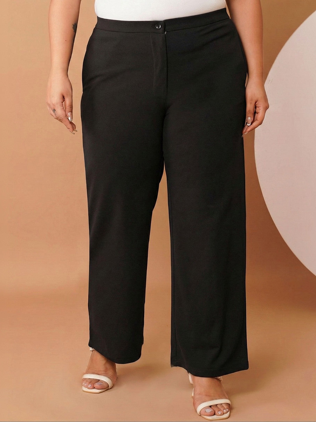 U&F Beyond Women Solid Black Relaxed Straight Leg Trousers
