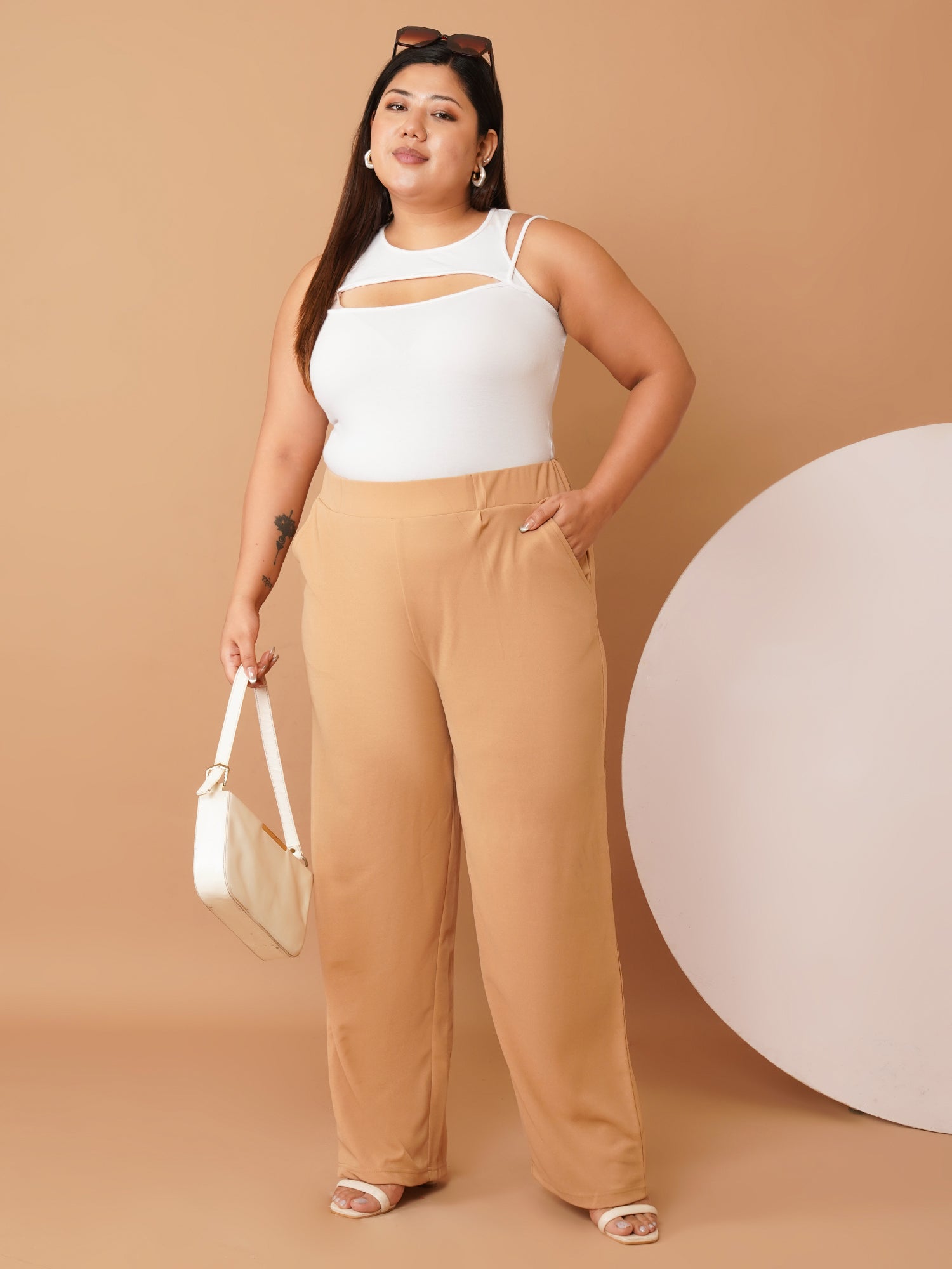 U&F Beyond Plus Size Women’s Solid Beige Straight-Leg Stretch Trousers with Elastic Waistband