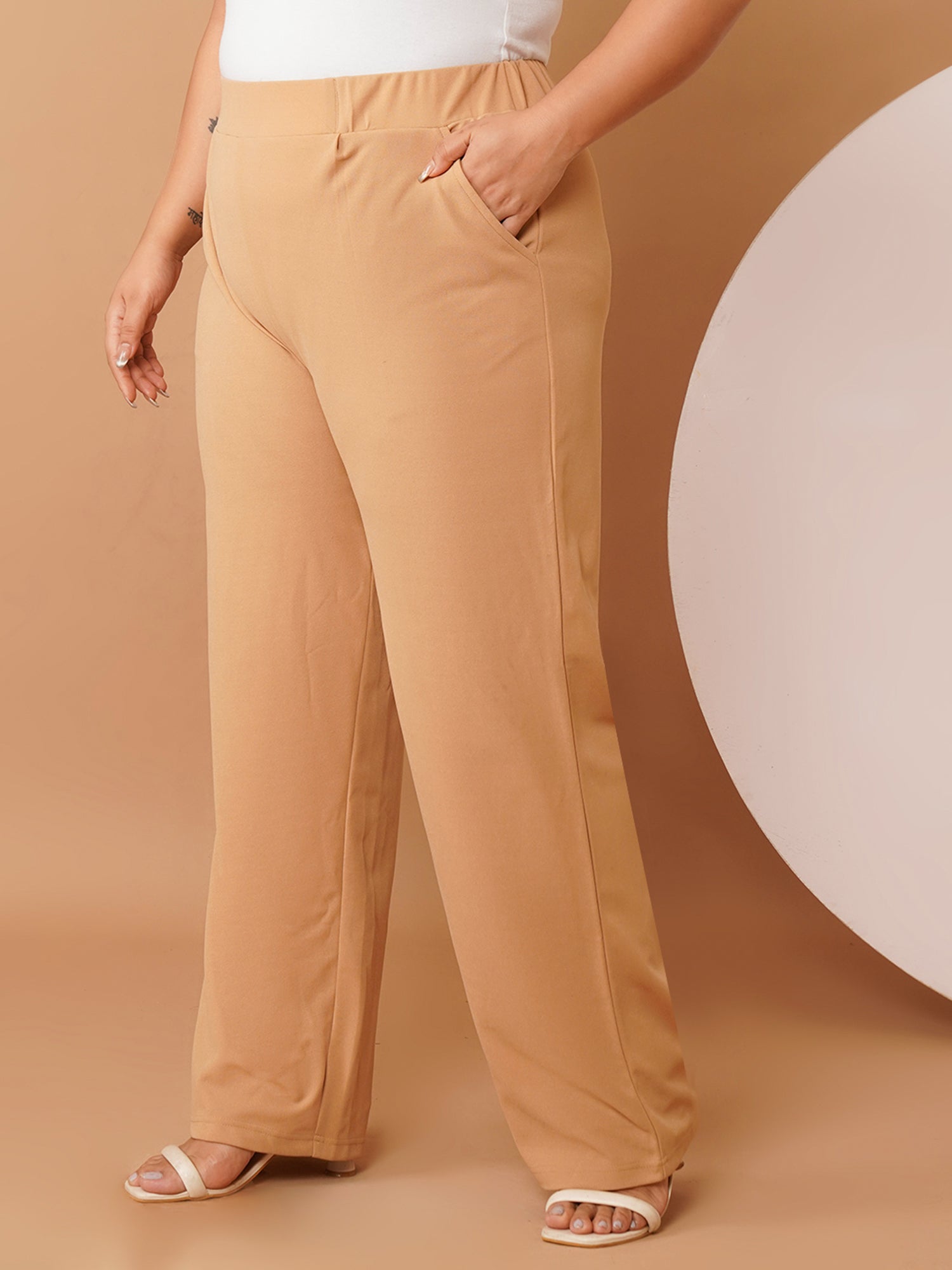 U&F Beyond Plus Size Women’s Solid Beige Straight-Leg Stretch Trousers with Elastic Waistband